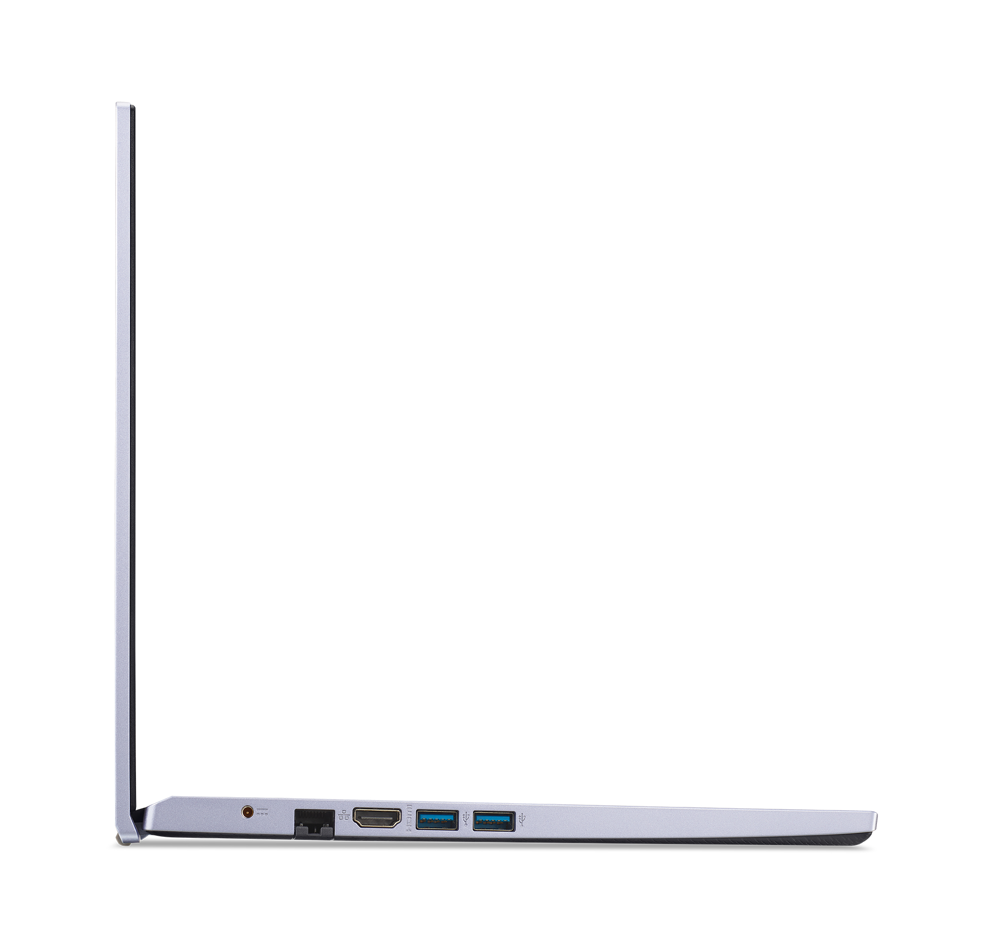 Seitenansicht eines lila Laptops mit Anschlüssen und schlankem Profil, vor weißem Hintergrund.