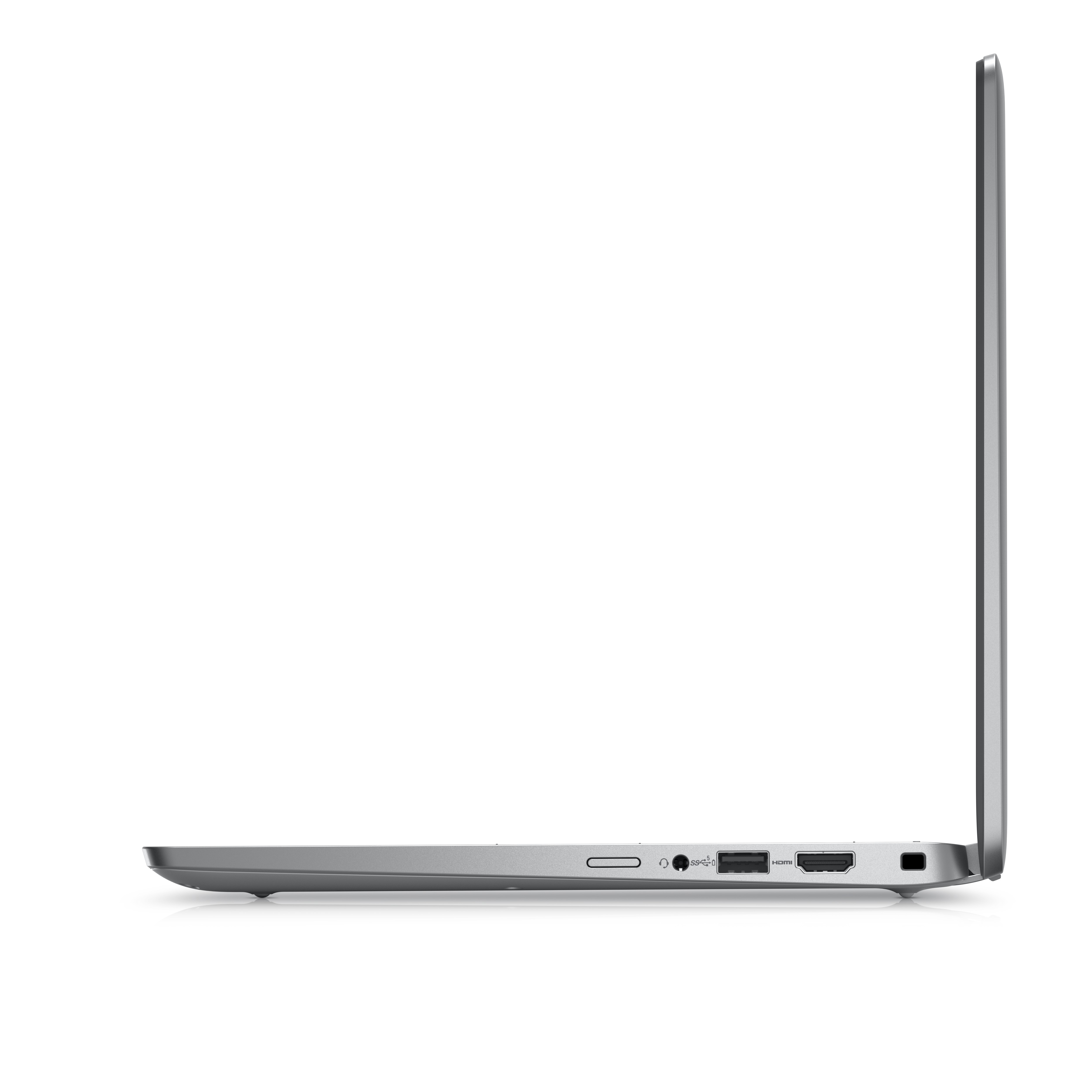 Vista laterale di un laptop grigio con porte visibili.