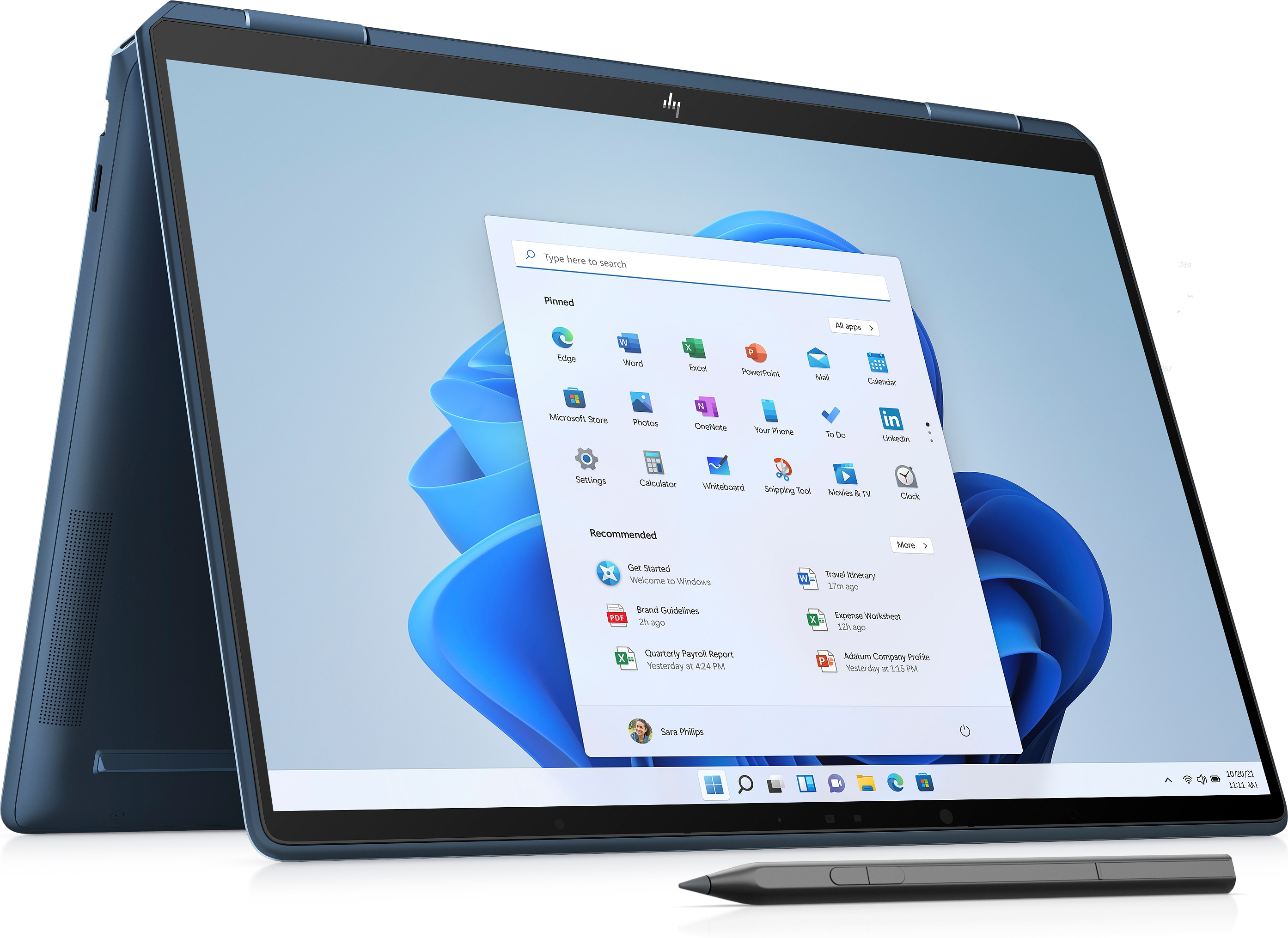 Blauer Laptop im Tablet-Modus, zeigt Windows 11-Oberfläche und einen Eingabestift.