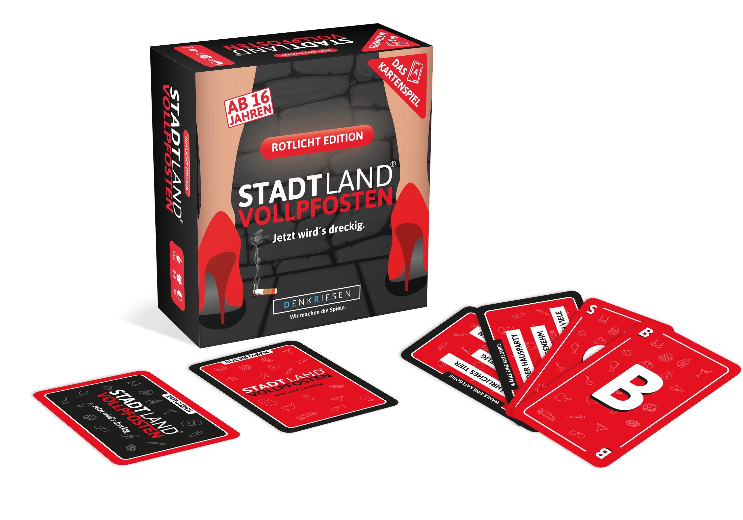 Brettspielbox: Stadt Land Vollpfosten, rote High Heels, Zigarette.