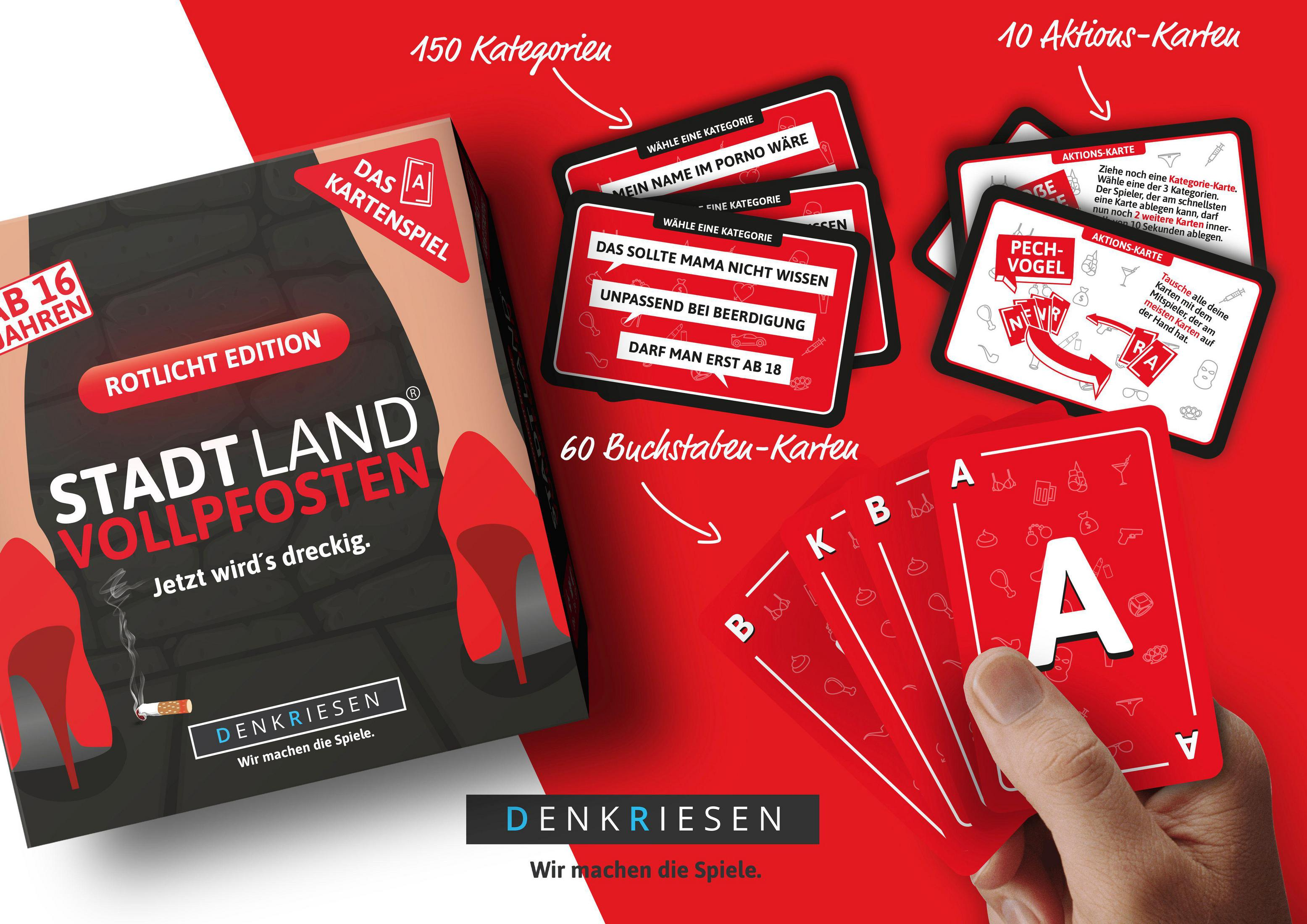 Spielbox mit Karten. Rote High Heels und eine Zigarette sind auf der Box. Karten sind gefächert.