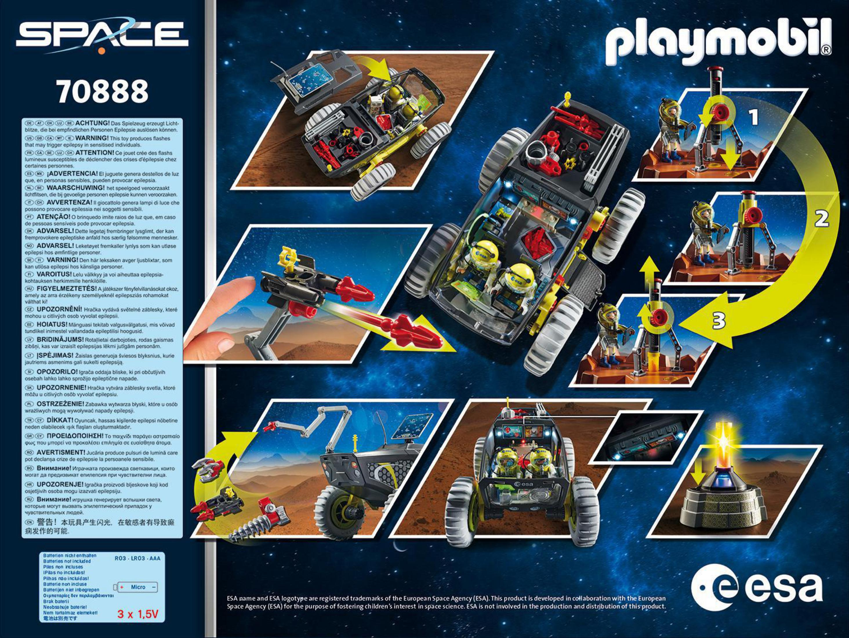 Instrukcje zestawu Playmobil Space z łazikiem i figurkami. Białe tło.