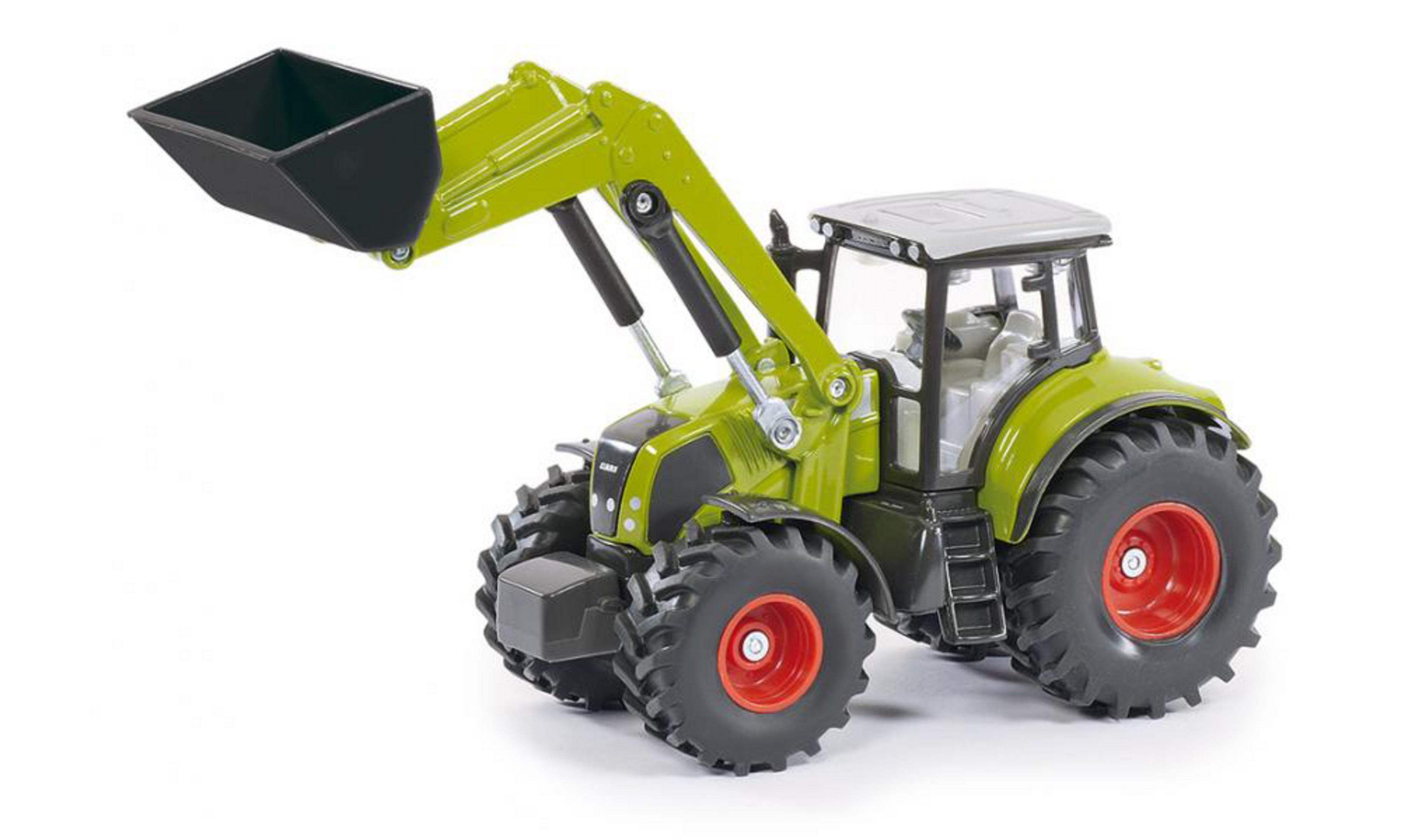 Grüner und schwarzer Spielzeugtraktor mit Frontlader vor weißem Hintergrund. Rote Räder.
