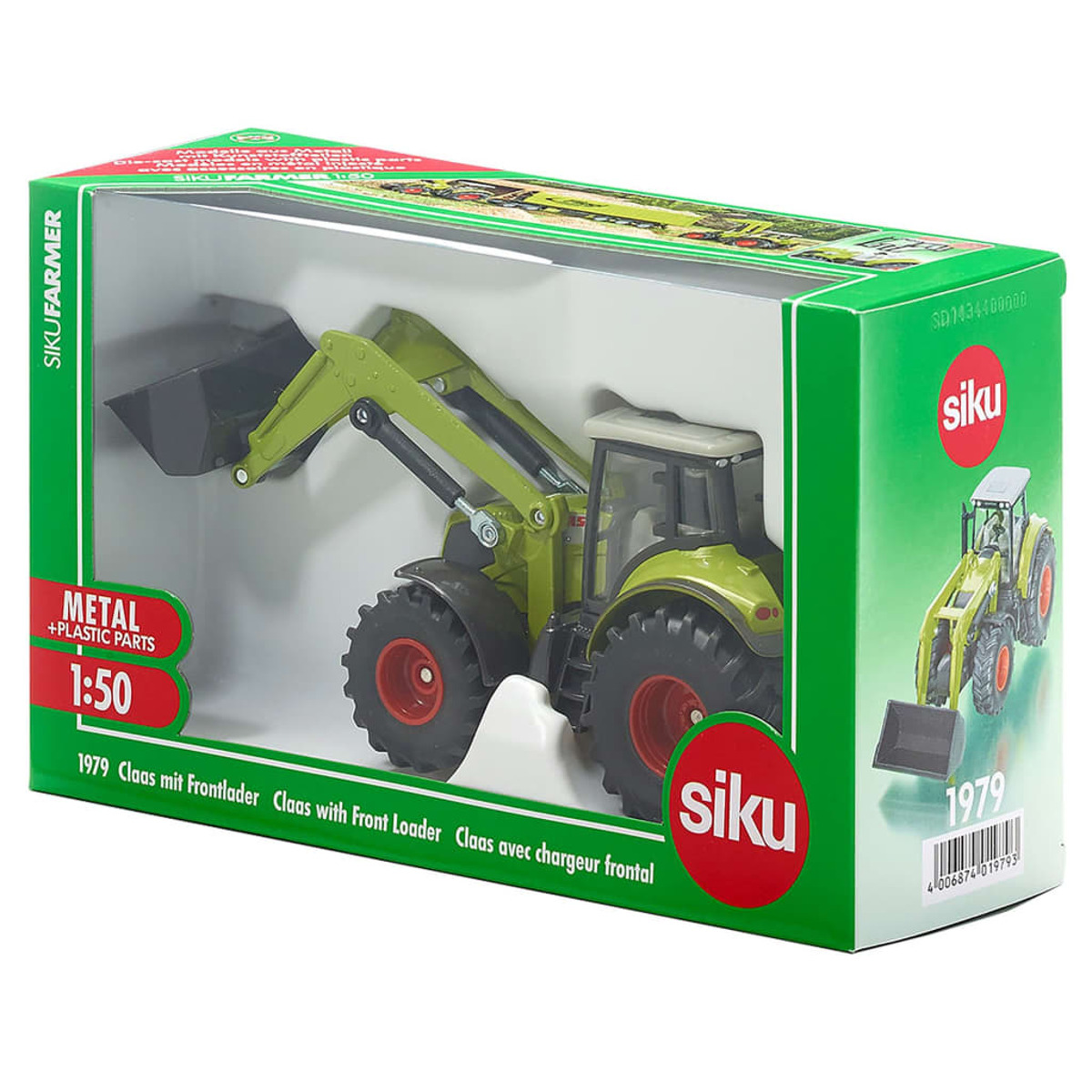Spielzeugtraktor mit Frontlader in einer Box. Die Box ist grün und weiß mit dem Siku-Logo.