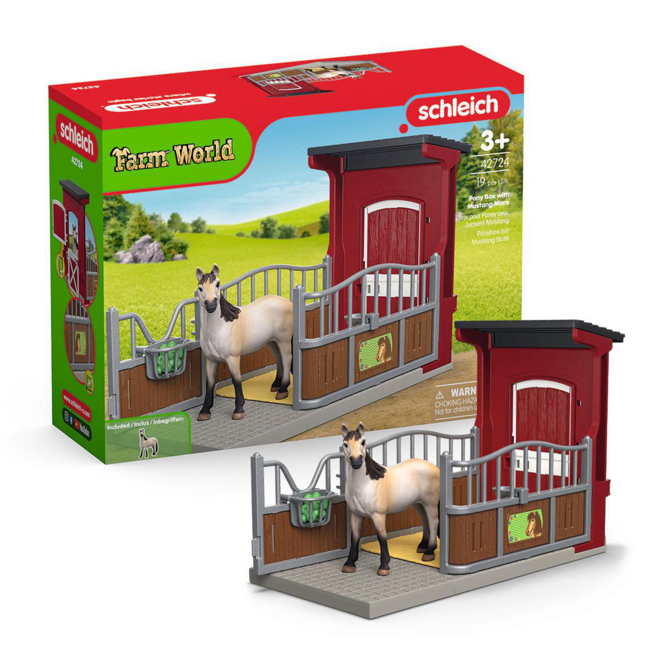 Scatola di cavallo e stalla giocattolo. La scatola mostra un cavallo nella stalla. Include un cavallo.