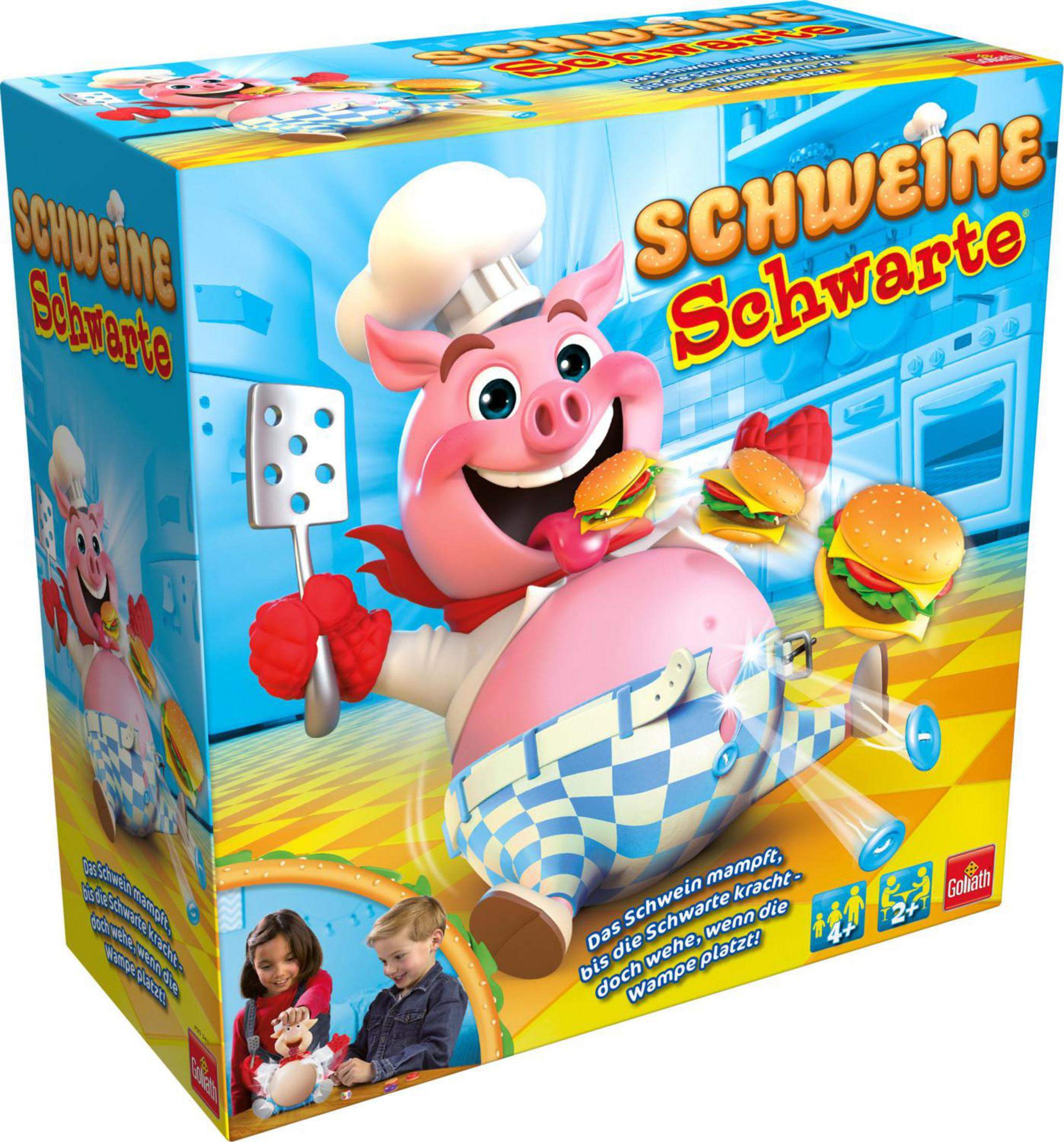 Eine Spielbox mit einem Schweinekoch, Burgern und dem Spielnamen 'Schweine Schwarte'.