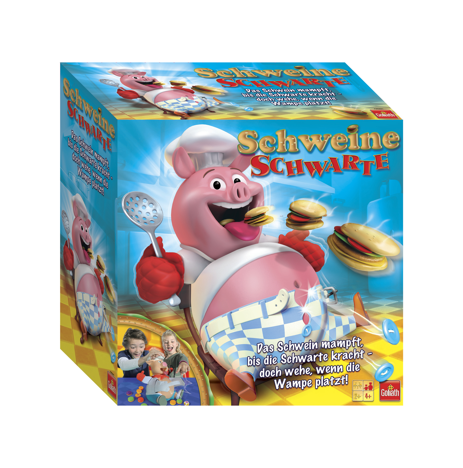Box mit Comic-Schwein-Koch, der Essen isst. Weißer Hintergrund.