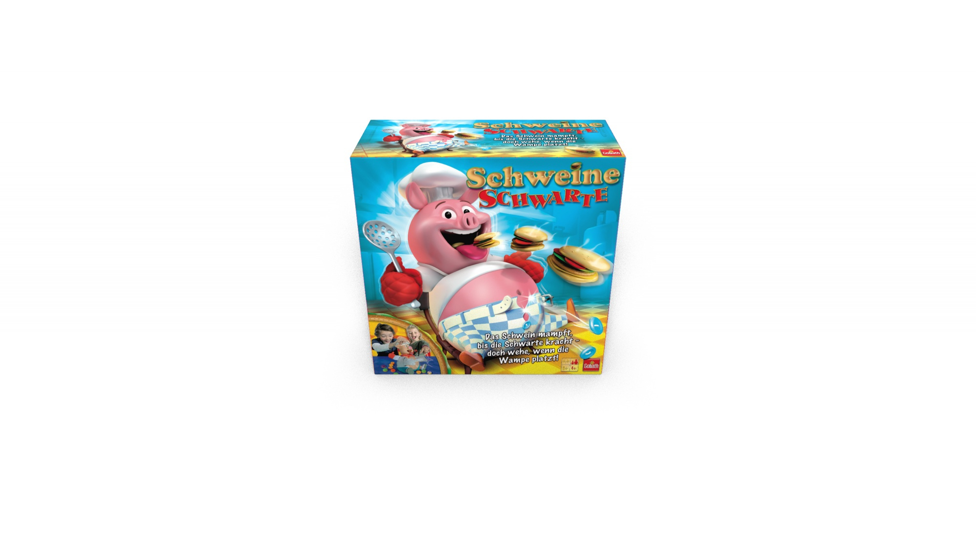 Eine Brettspielbox mit dem Titel 'Schweine Schwarte' mit einem Cartoon-Schwein als Koch.