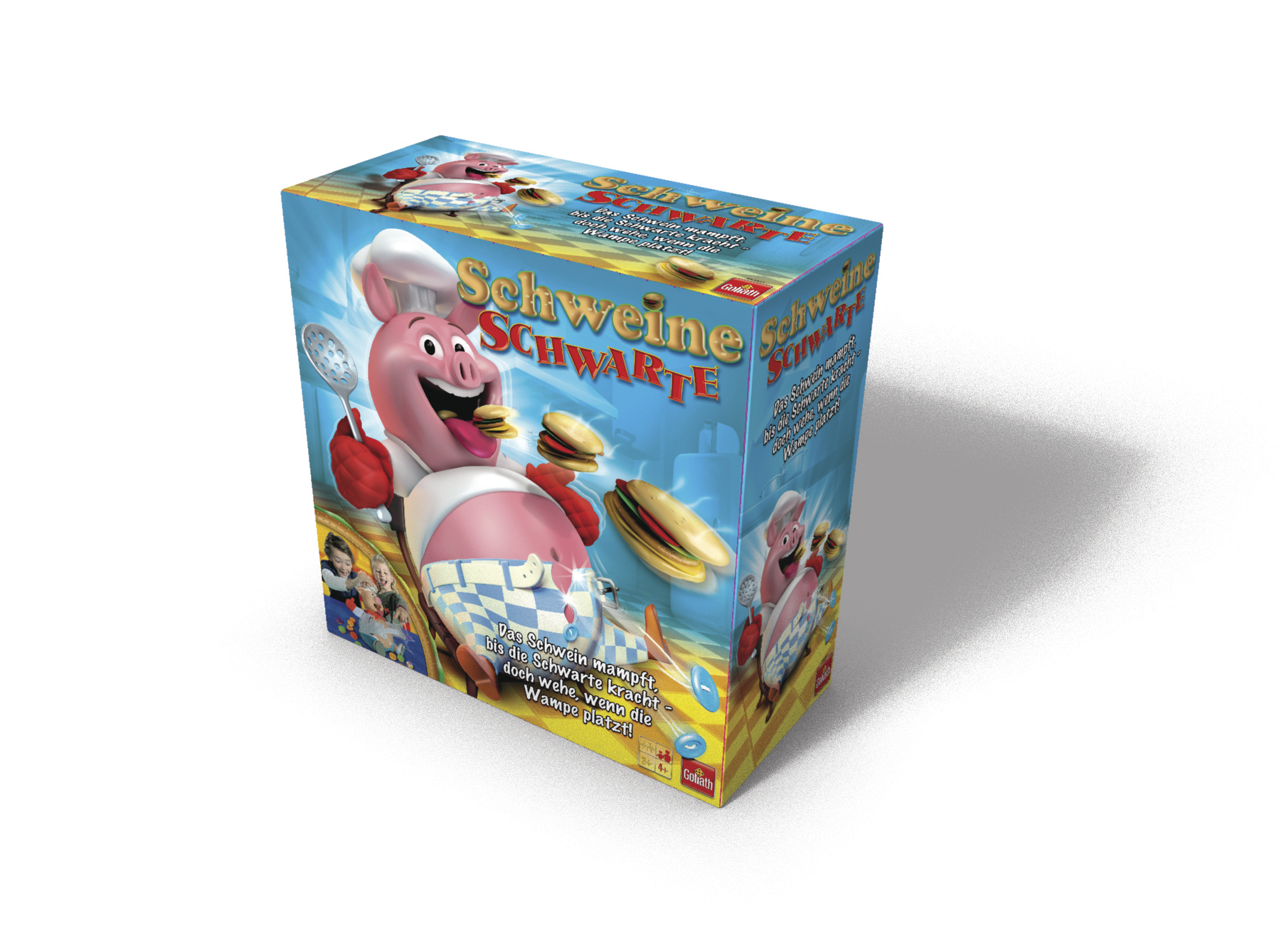 Box mit einem Cartoon-Schwein-Koch. Weißer Hintergrund.