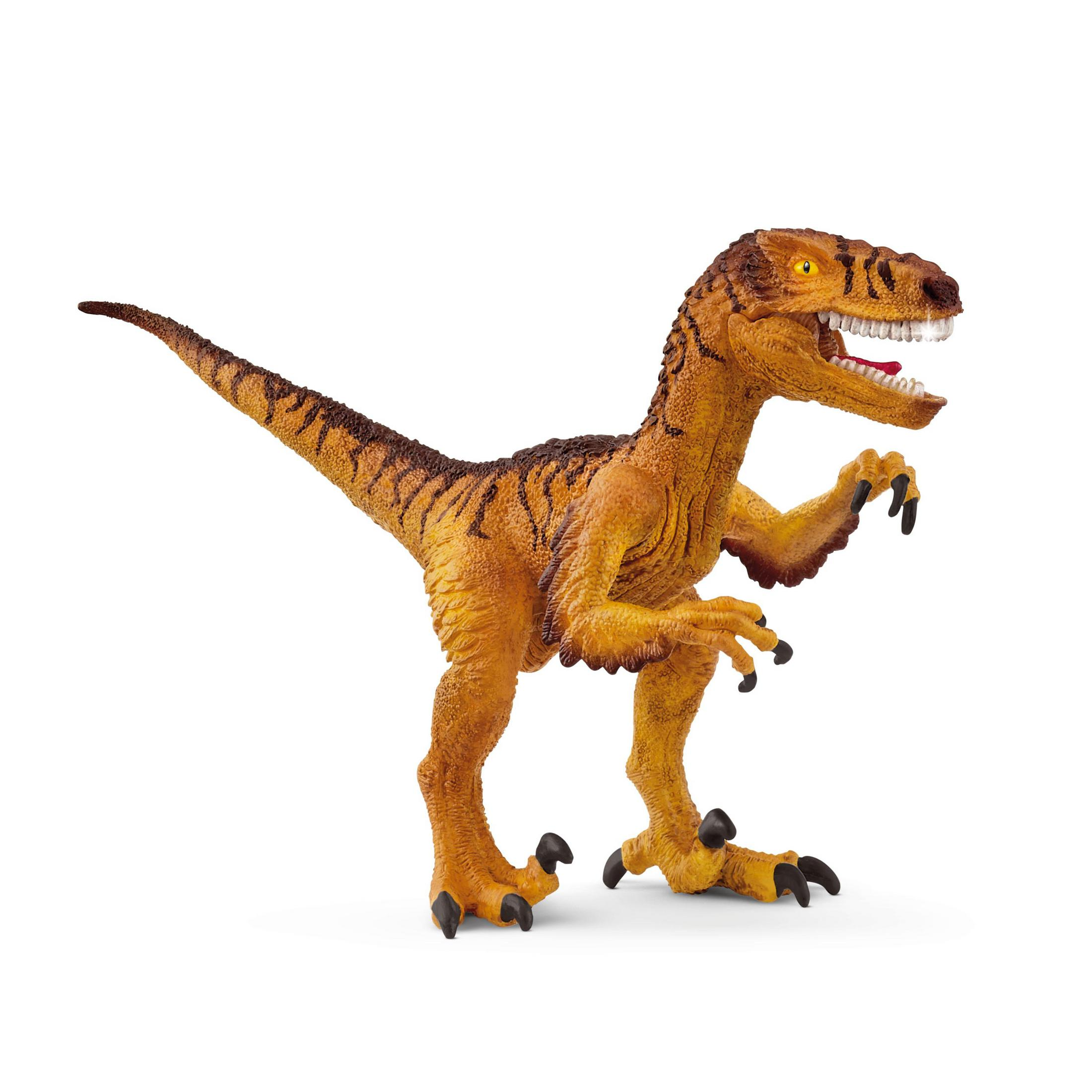 Een oranje en bruin dinosaurus speelgoed, een velociraptor, staand op twee benen, mond open.