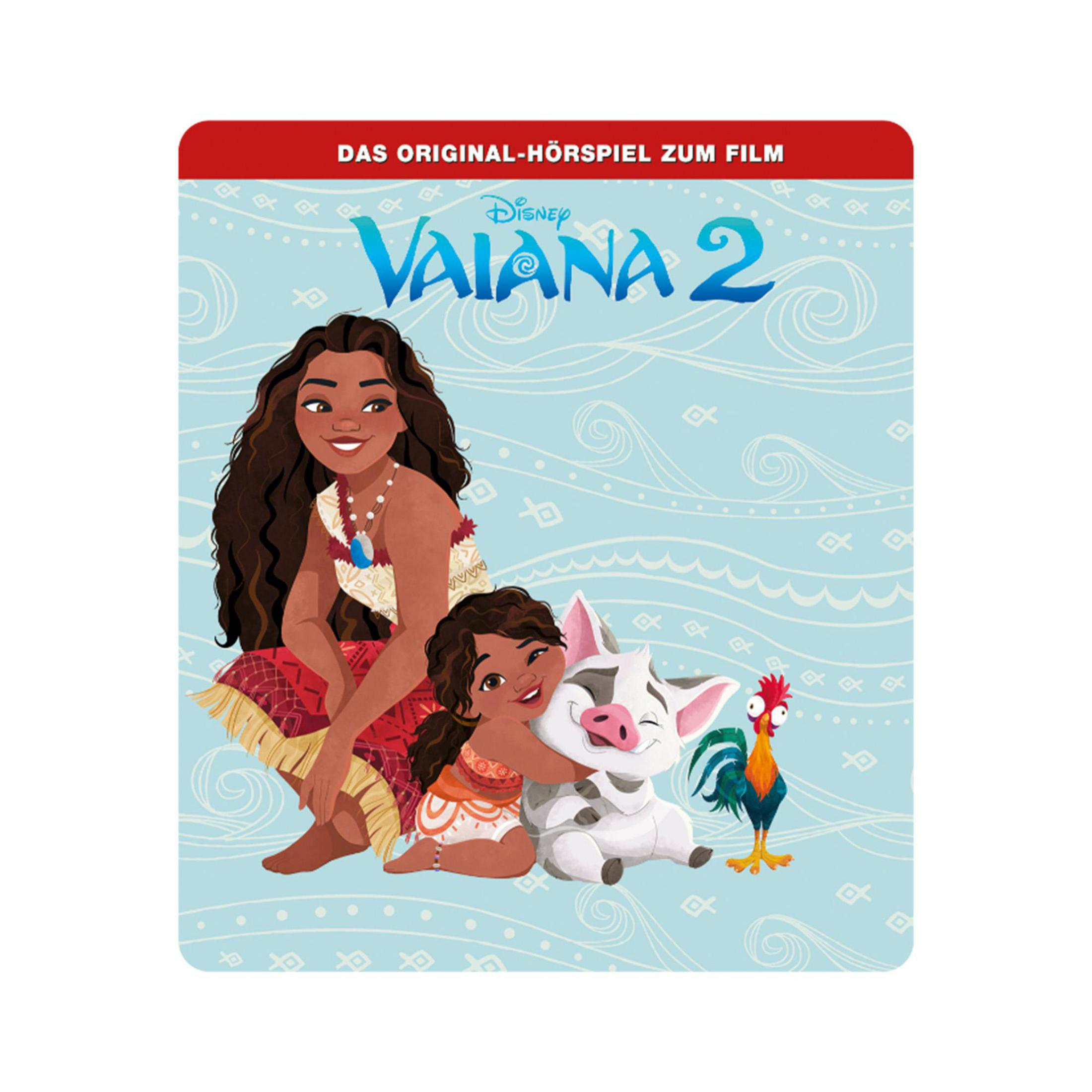 Moana und andere Charaktere auf einem Filmcover, mit blauem Hintergrund und wellenförmigen Linien.