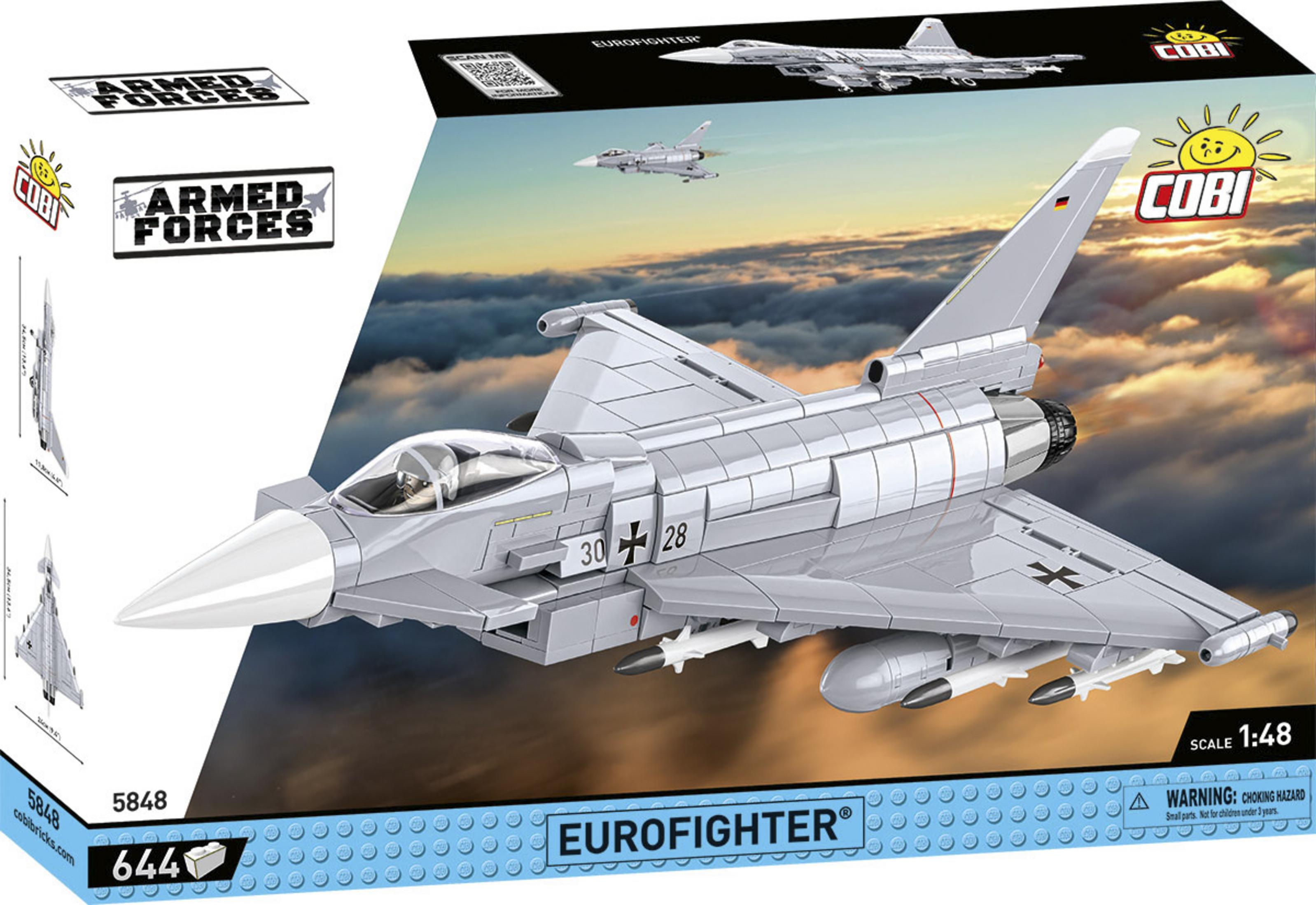 Model samolotu Eurofighter w pudełku. Białe i niebieskie tło.