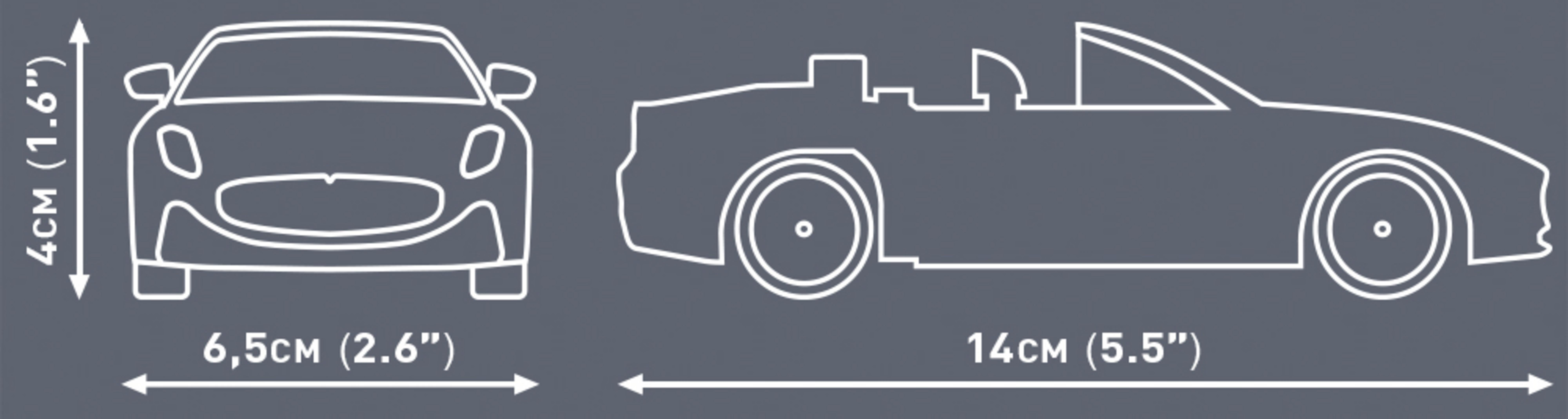 Diagram przedstawiający wymiary samochodu w cm, w tym widok z przodu i z boku.