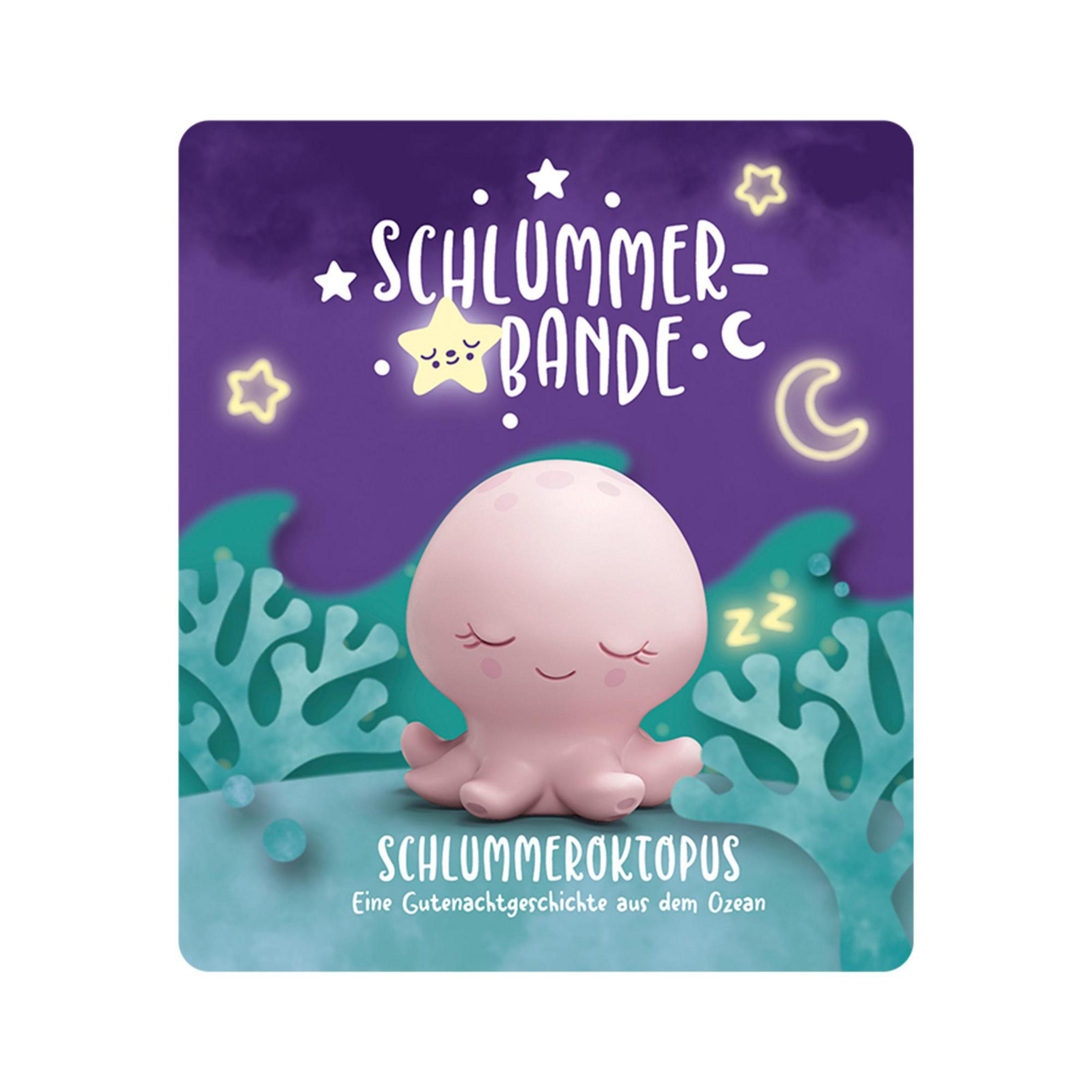 Rosa Oktopus-Spielzeug mit Buchillustration auf lila Hintergrund.