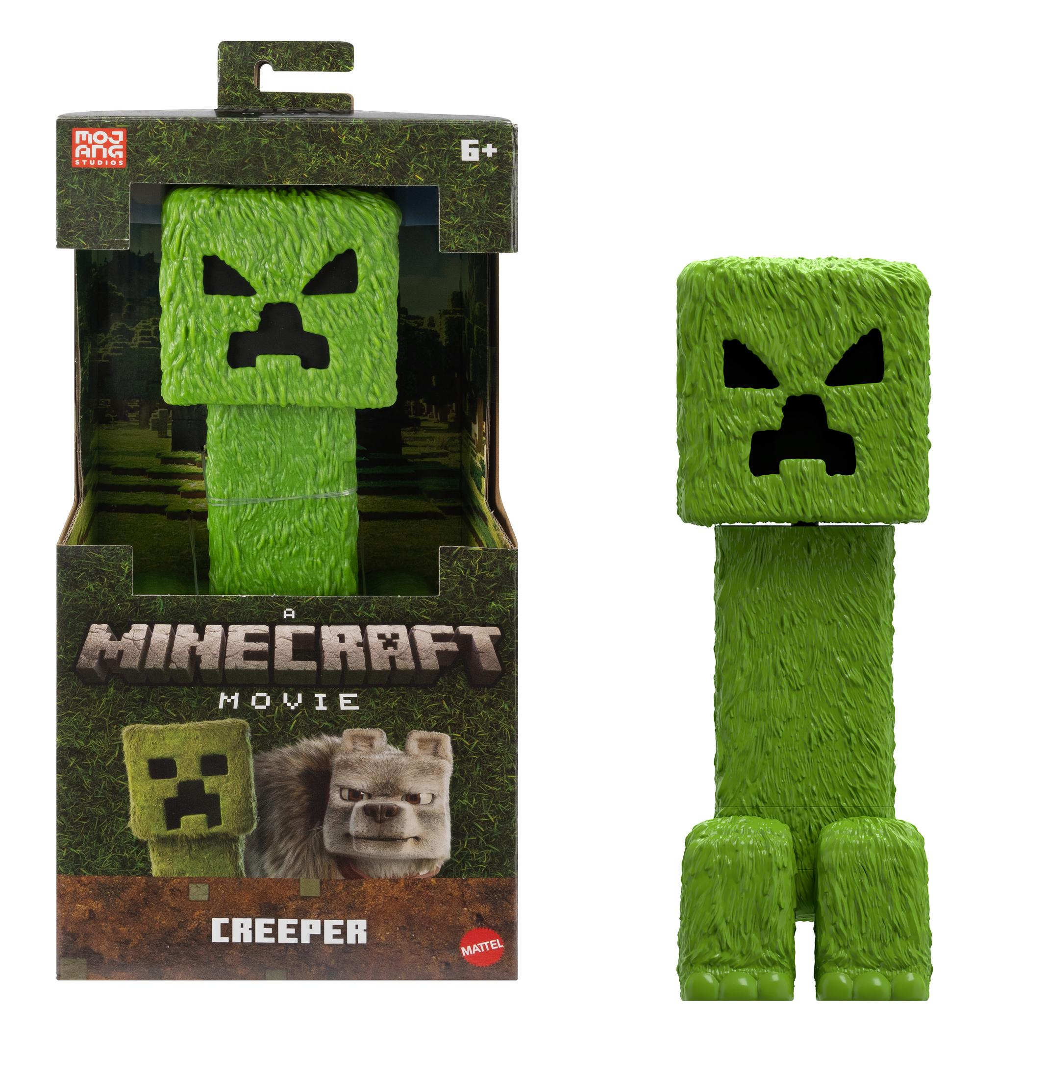 Zielona zabawka Minecraft Creeper, pudełko po lewej, Creeper po prawej, białe tło.