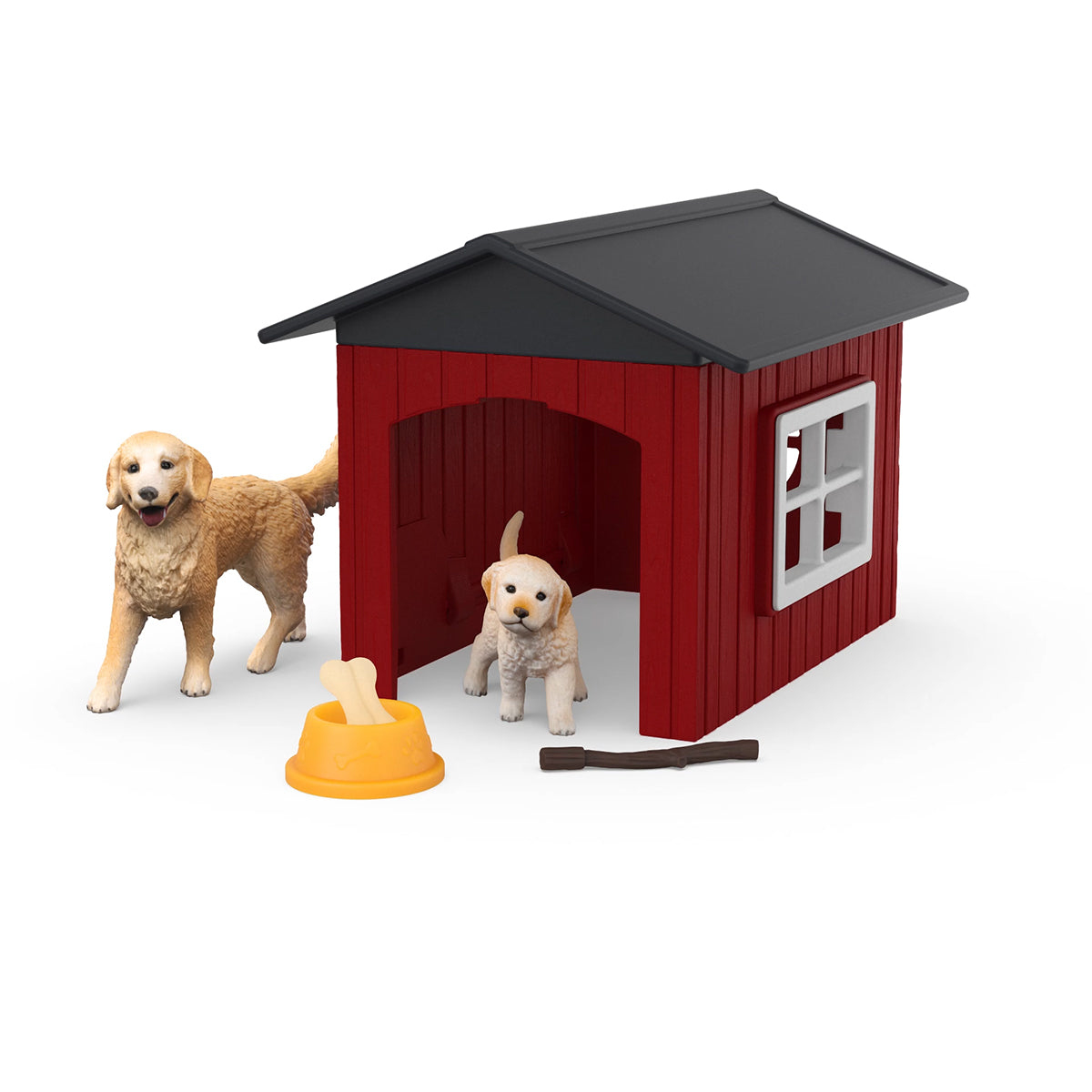 Una cuccia rossa con tetto nero. Due golden retriever e una ciotola di ossa sono di fronte.