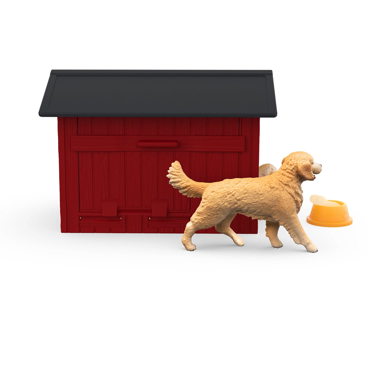 Giocattolo casetta per cani rossa, cane che cammina vicino, ciotola, e sfondo bianco.