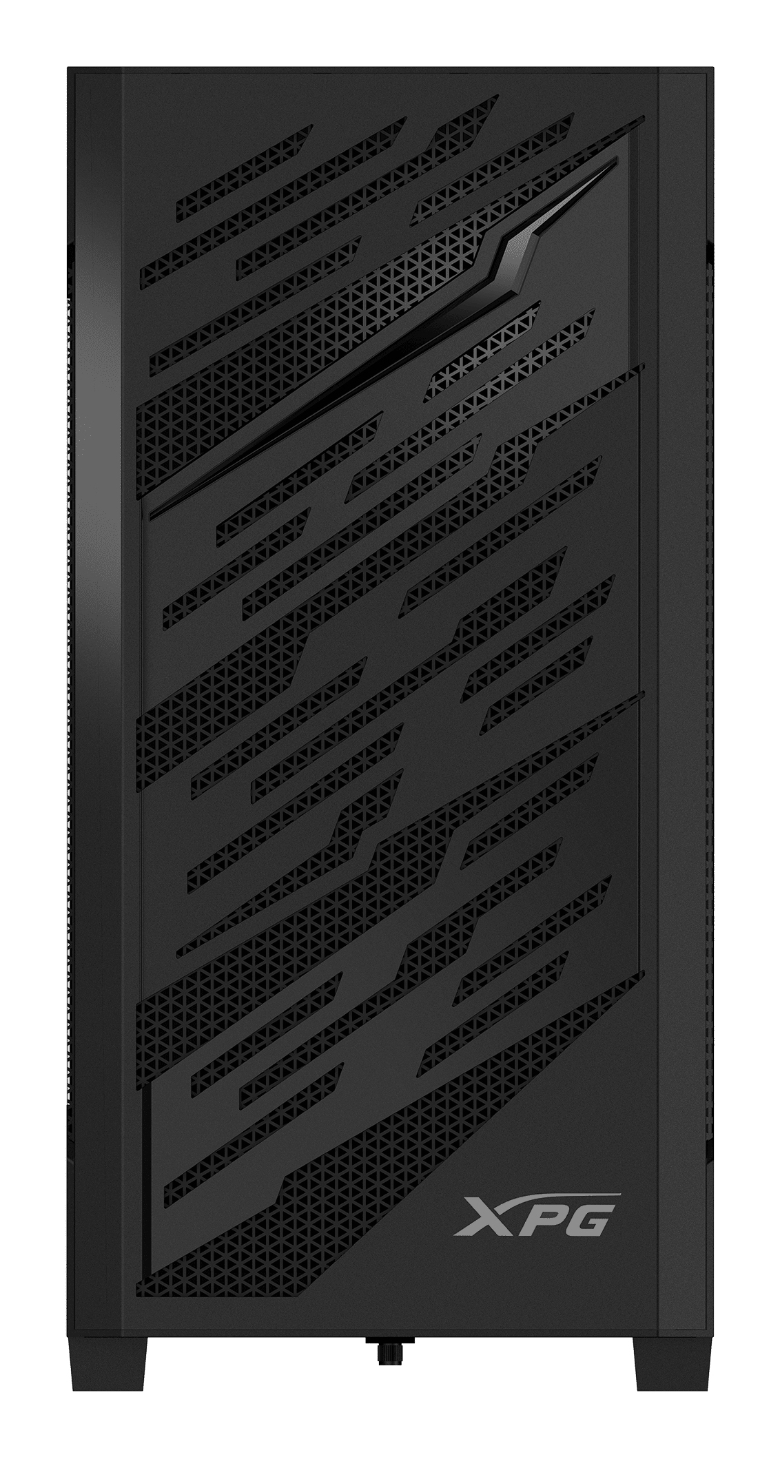 Case per computer nero con pannello frontale a rete e logo XPG. È un design a torre.