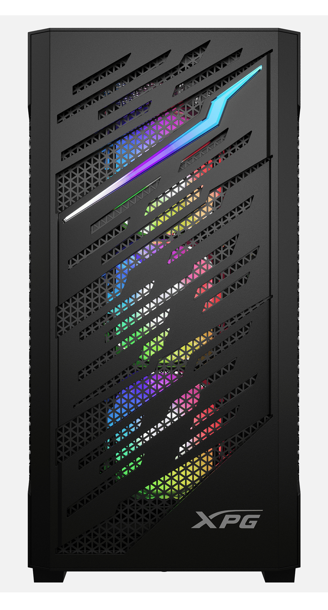Case per computer nero con linee diagonali e luci multicolori, su sfondo bianco.