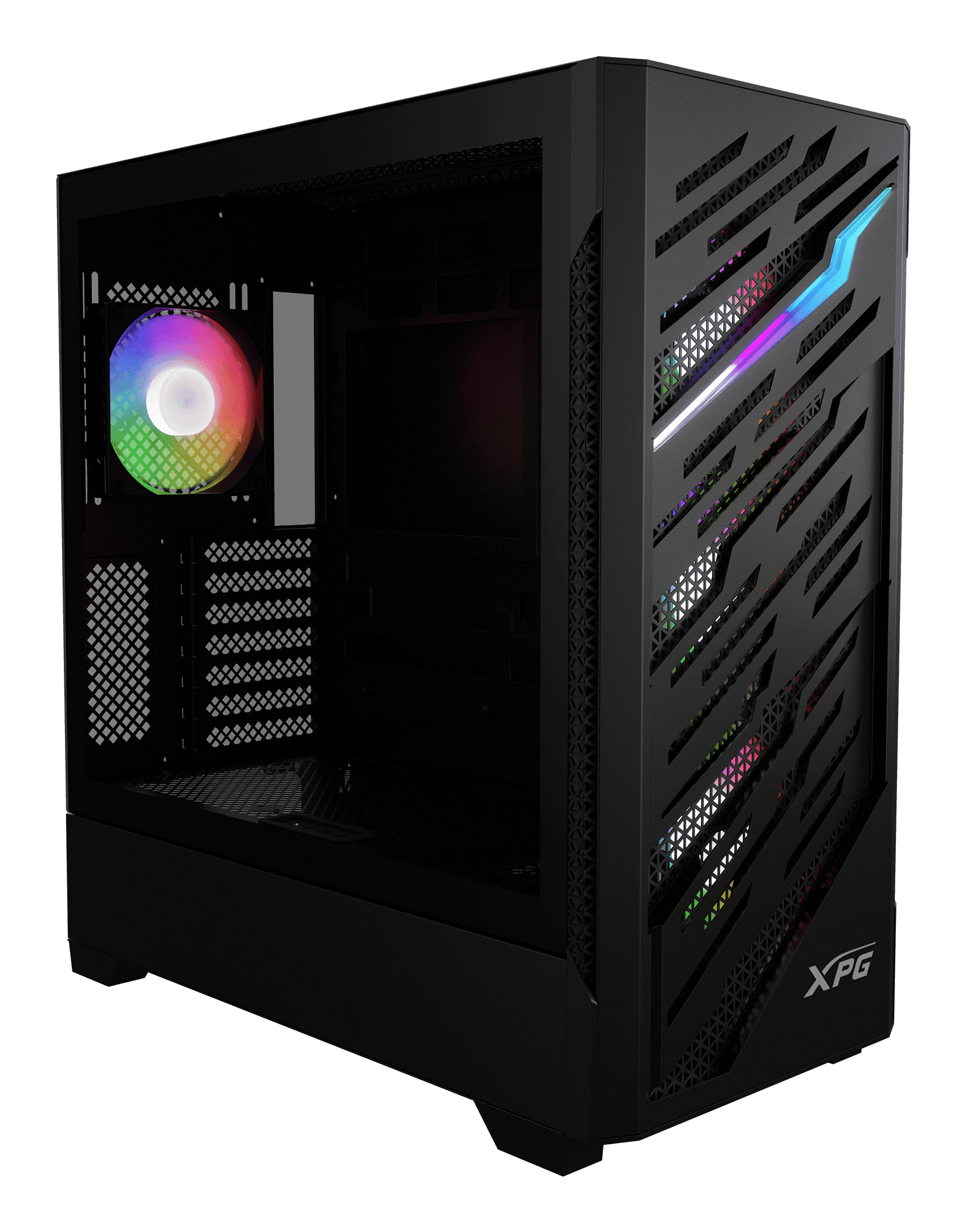 Case per computer nero con pannello laterale in vetro, ventole RGB e logo XPG frontale.