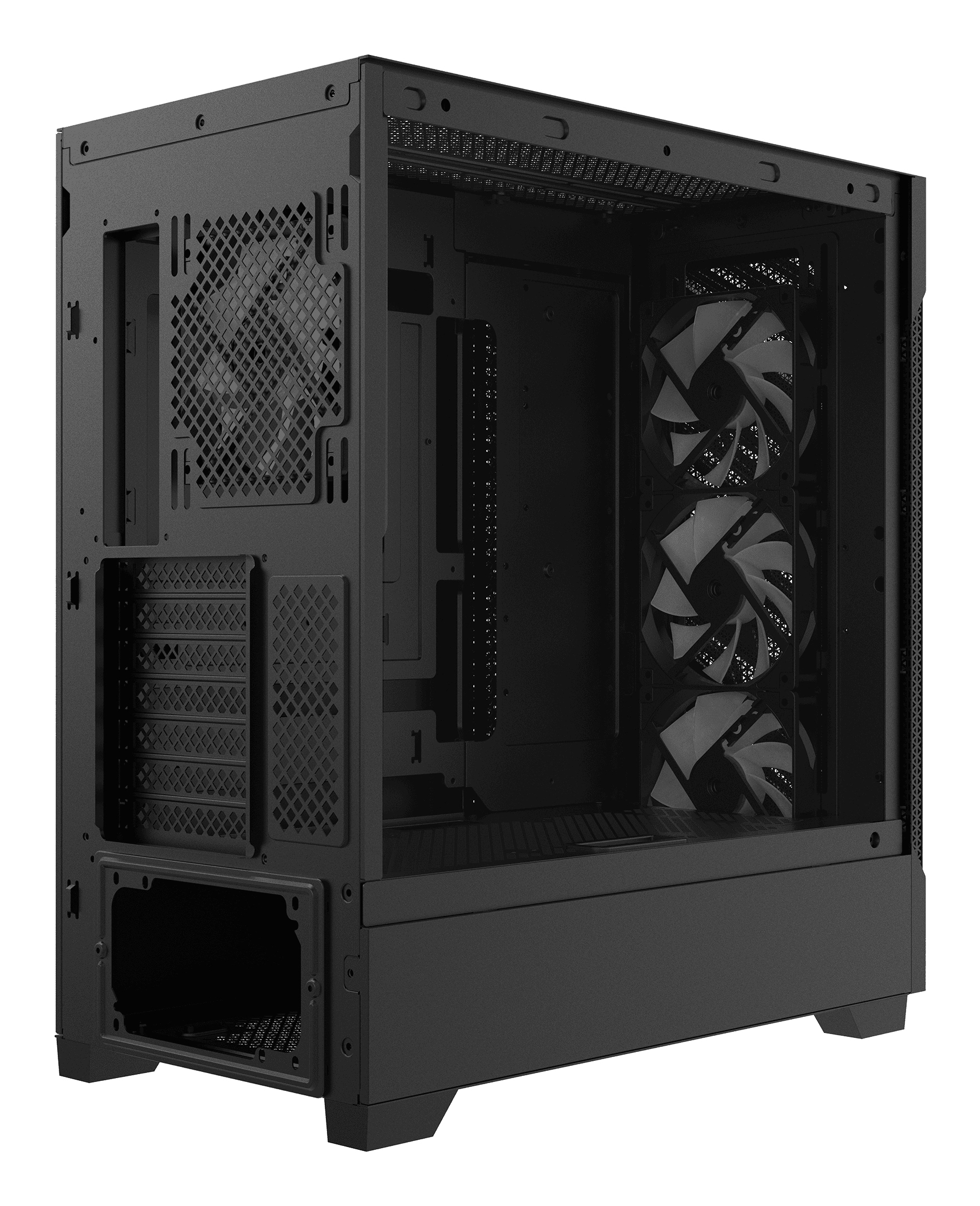 Case per computer nero con pannello laterale trasparente, che rivela ventole e componenti interni.