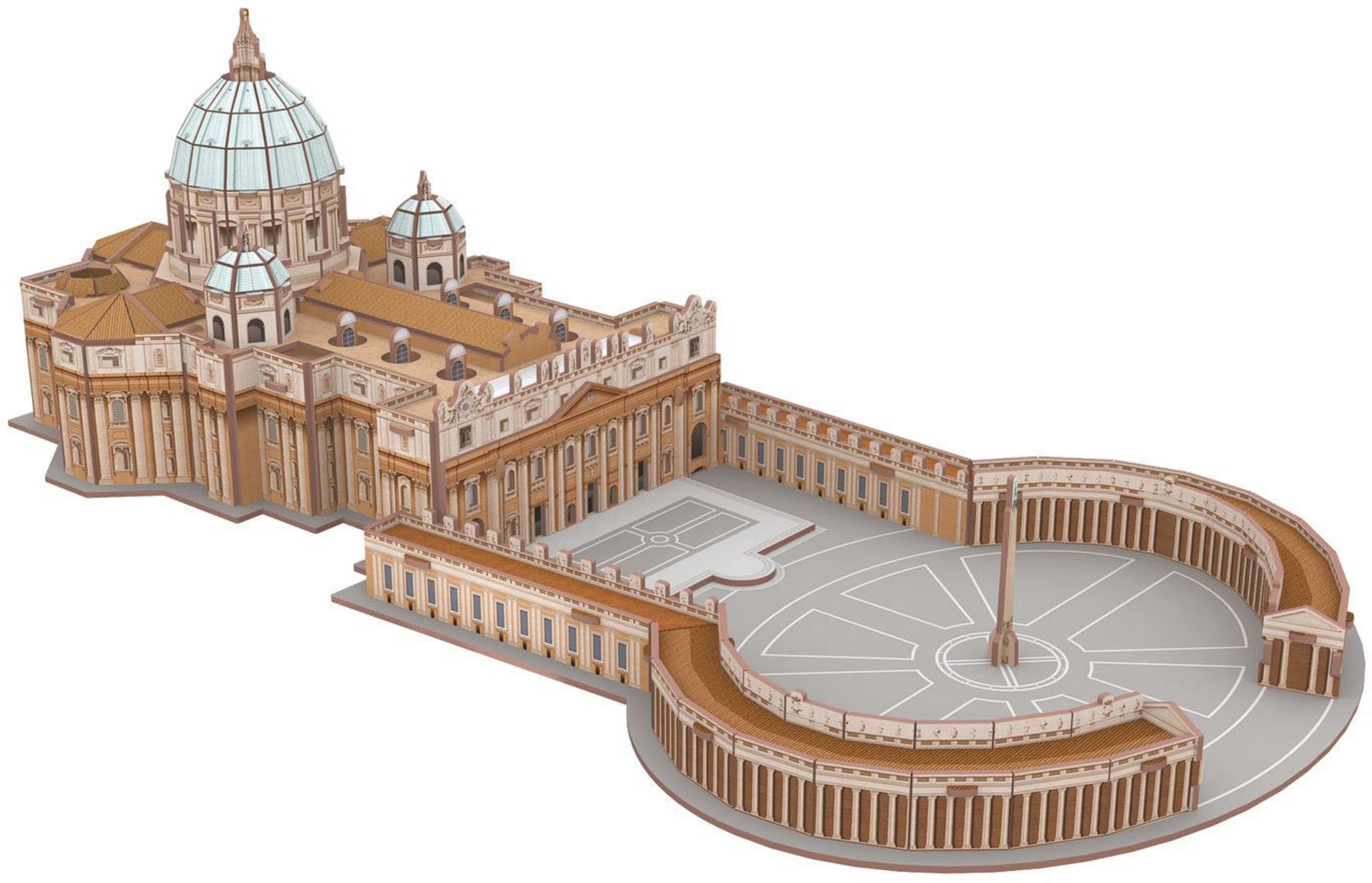 Ein 3D-Modell des Petersdoms und des Platzes, mit weißem Hintergrund.