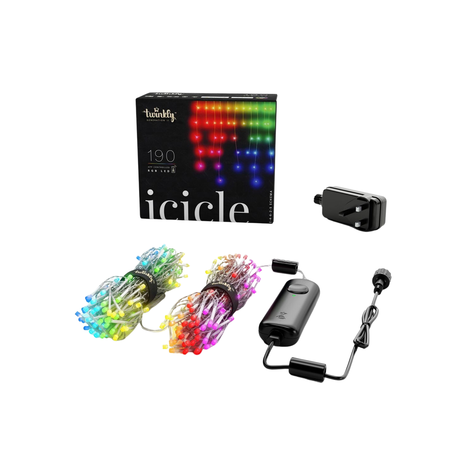 Zestaw lampek LED w stylu sopli z kontrolerem i zasilaczem.