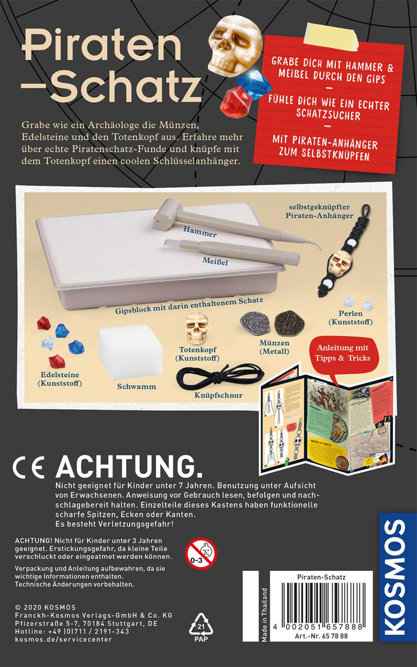Spielzeug in der Schachtel. Piratenschatz-Ausgrabungsset. Enthält Werkzeuge, Edelsteine, Münzen und einen Schädel.