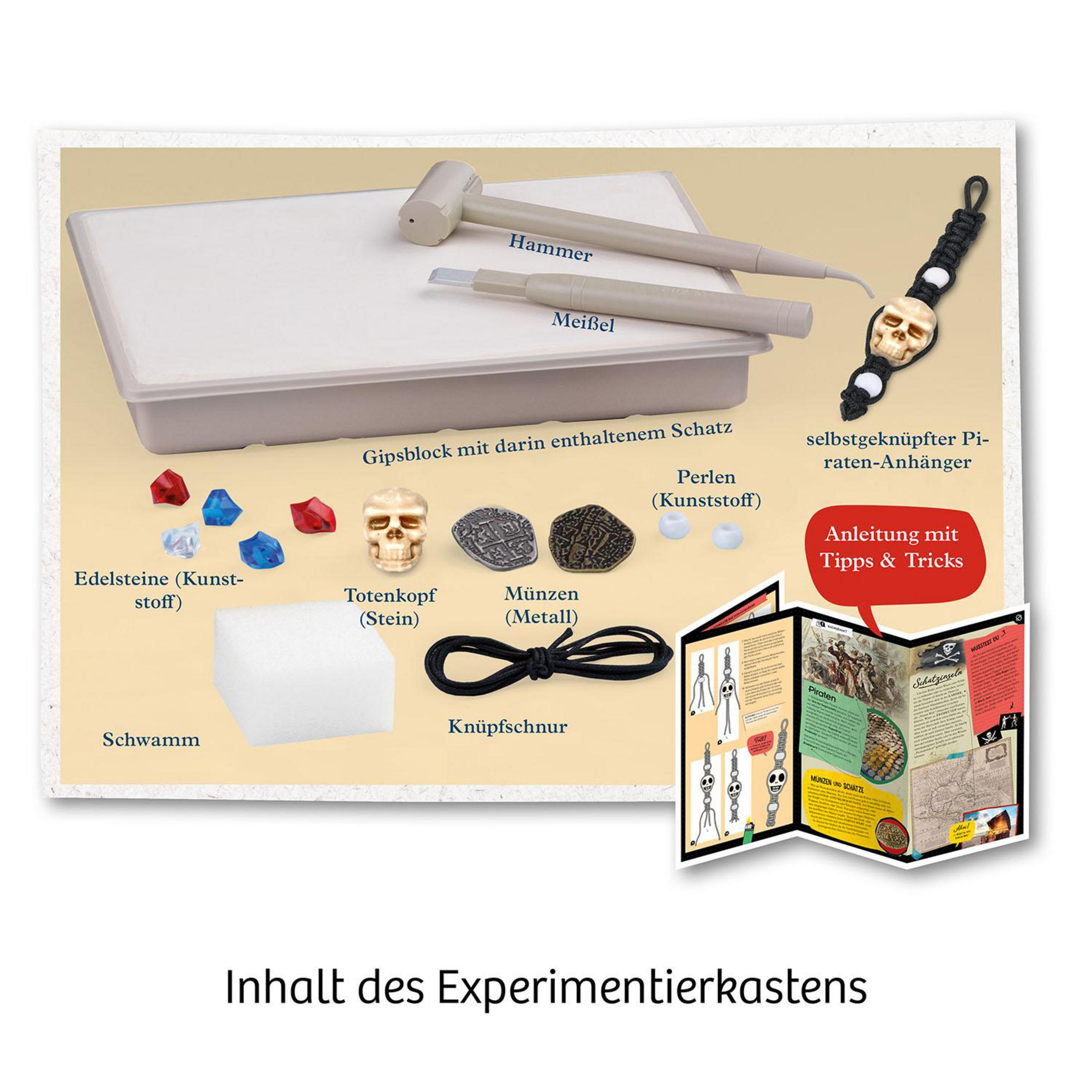 Spielzeugkiste mit Spielzeuginhalt. Enthält Hammer, Meißel, Edelsteine, Münzen, Schädel und Anleitungen.
