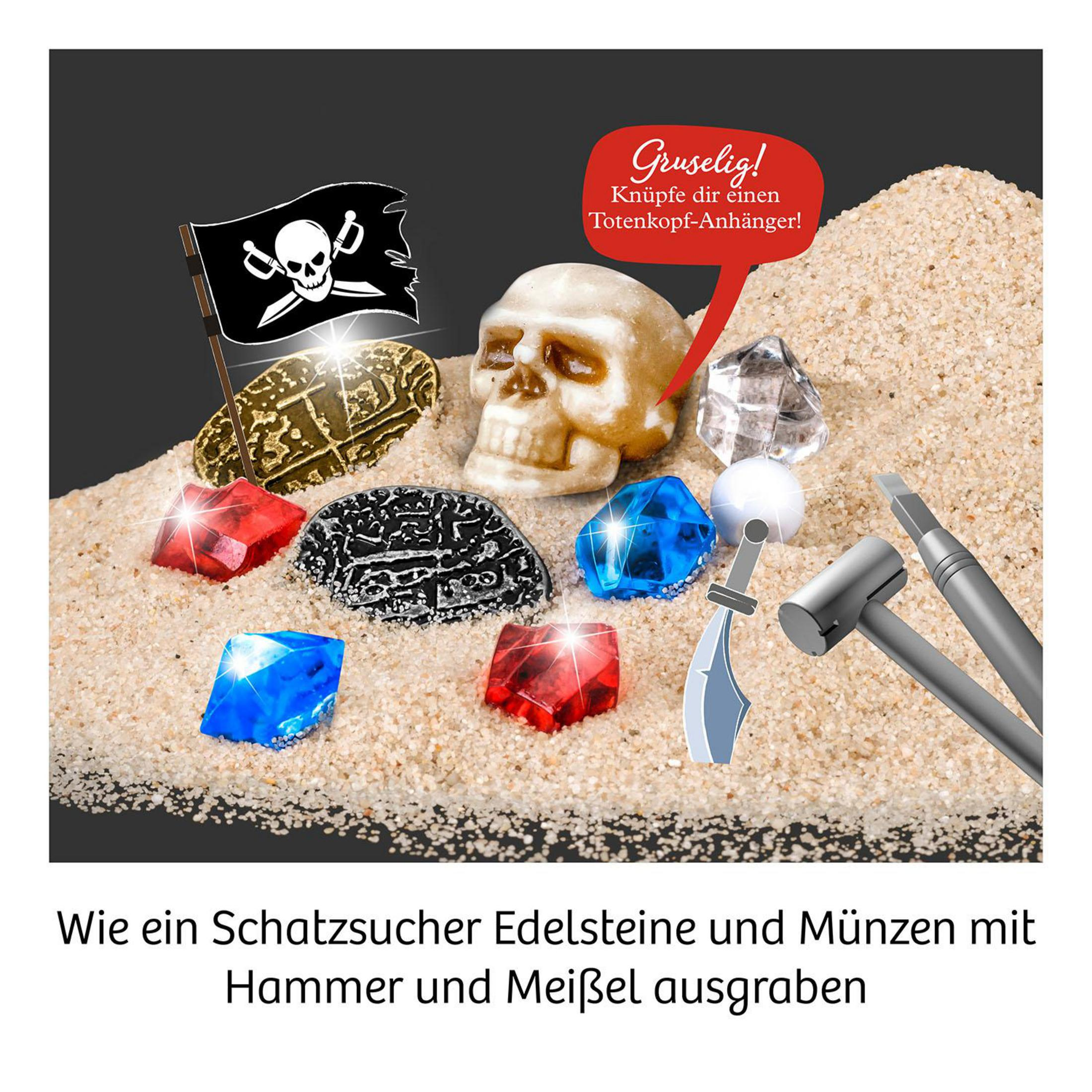 Bild zeigt Piratenschatz ausgraben. Enthält Schädel, Edelsteine, Flagge, Hammer und Meißel.