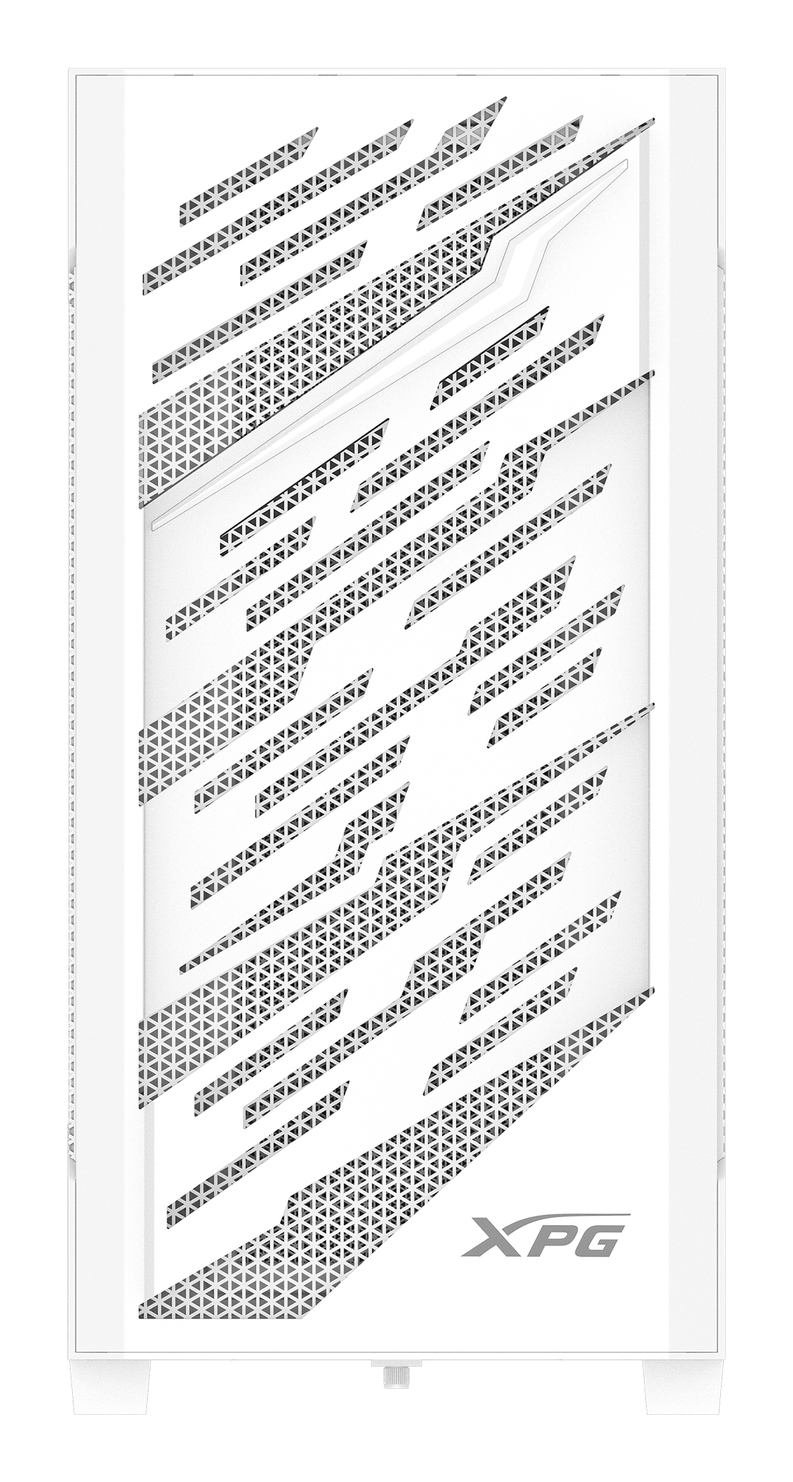 Biała obudowa komputera z ukośnym wzorem z przodu i logo XPG.