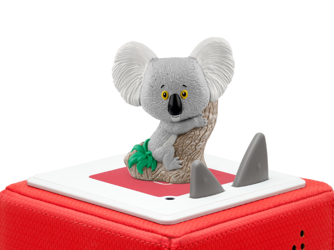 Eine Cartoon-Koala-Bärenfigur auf roter und weißer Basis, mit Haifischflossen.