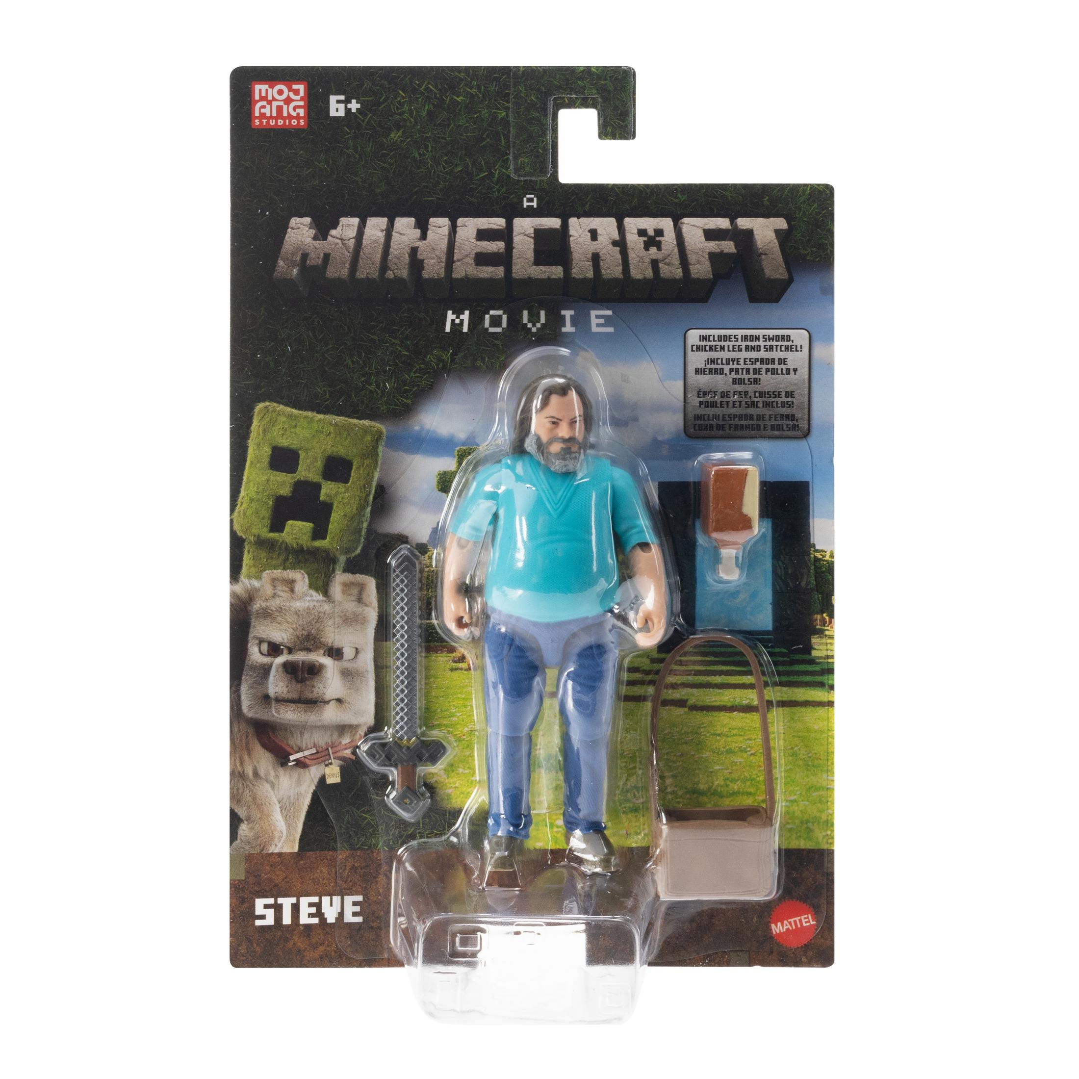 Figura de acción de Minecraft Steve con accesorios y un paquete.