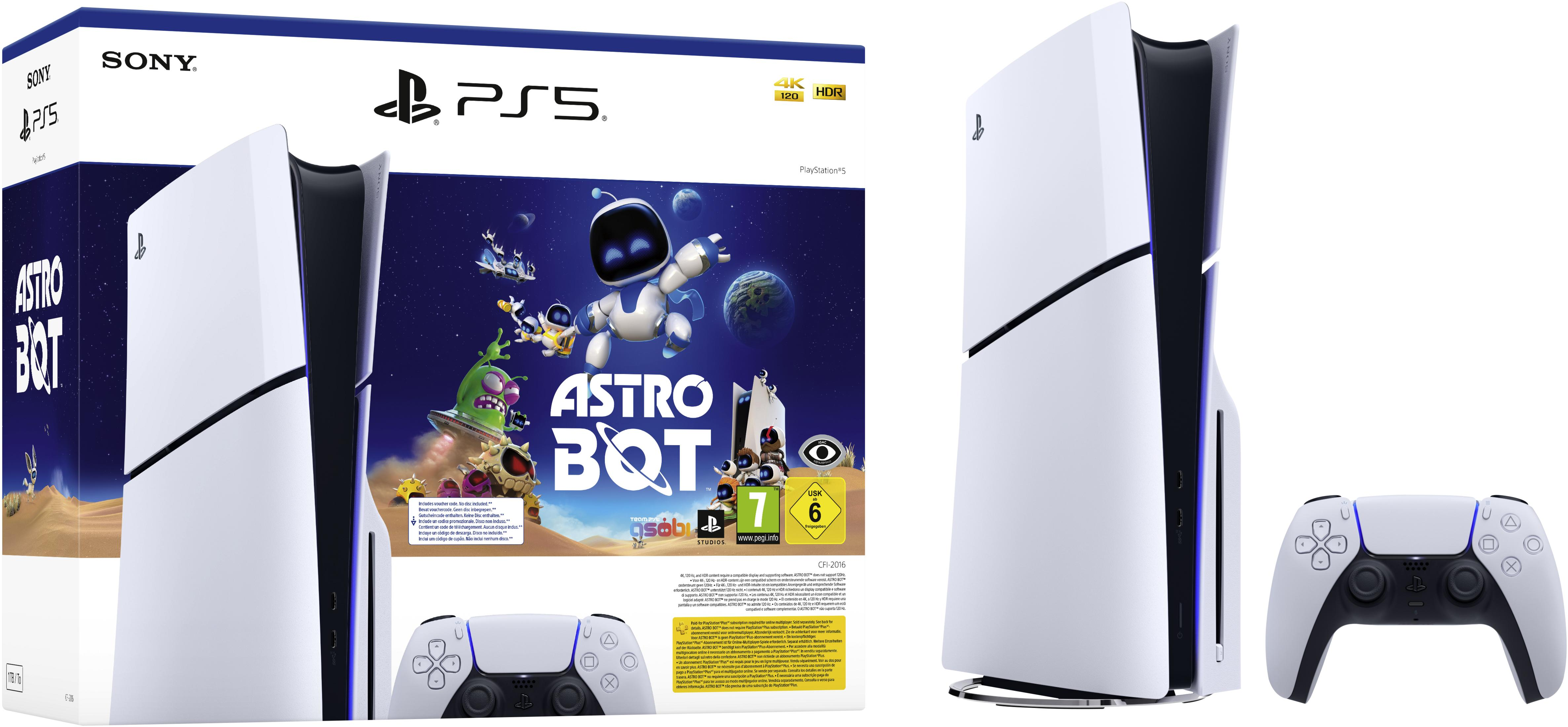 Zwei Bilder einer weißen PlayStation 5 Konsole, mit Controller und der Spielbox von Astro Bot.