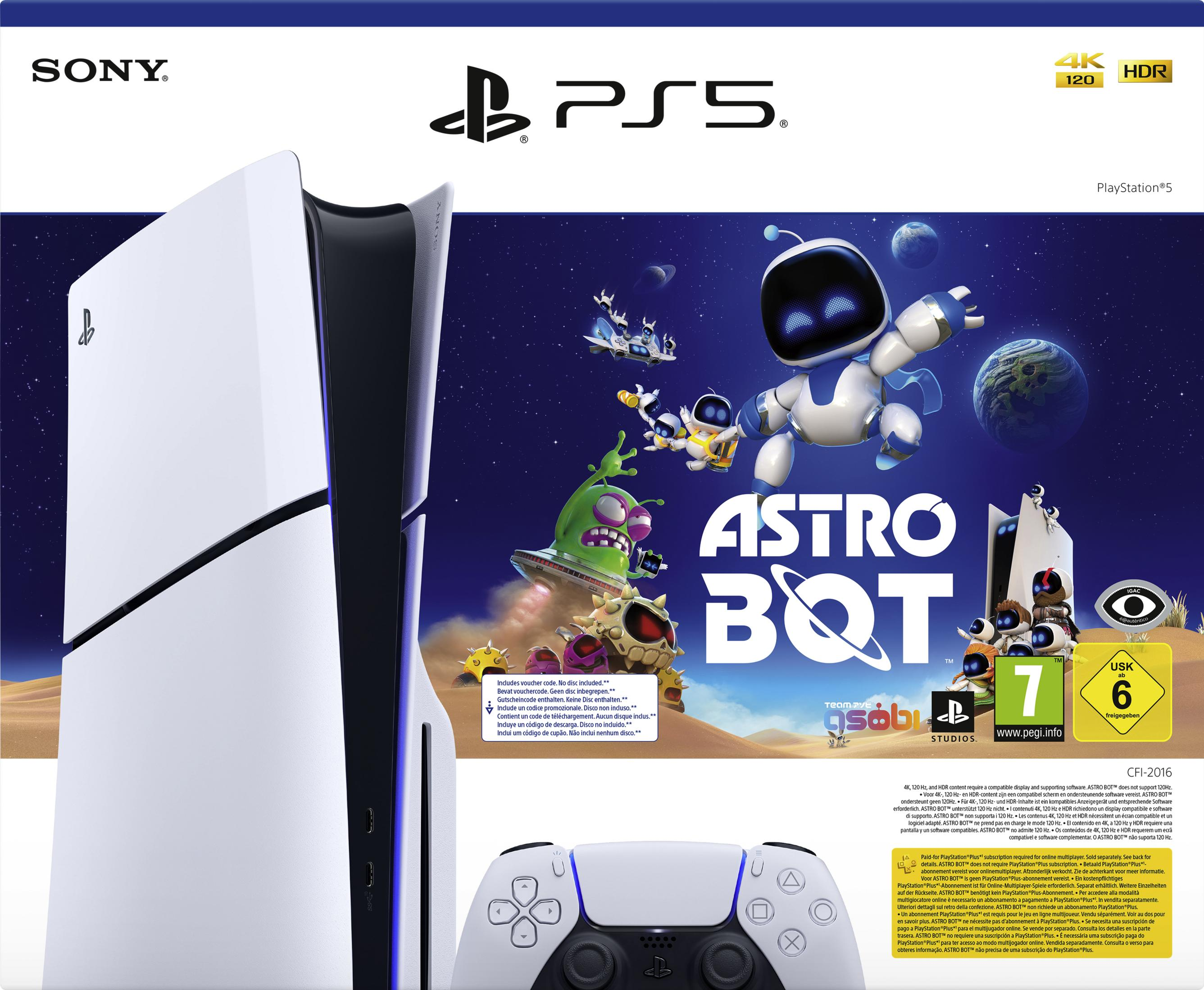 PlayStation 5 Konsole mit Astro Bot Spielbox. Weiße und schwarze Konsole.