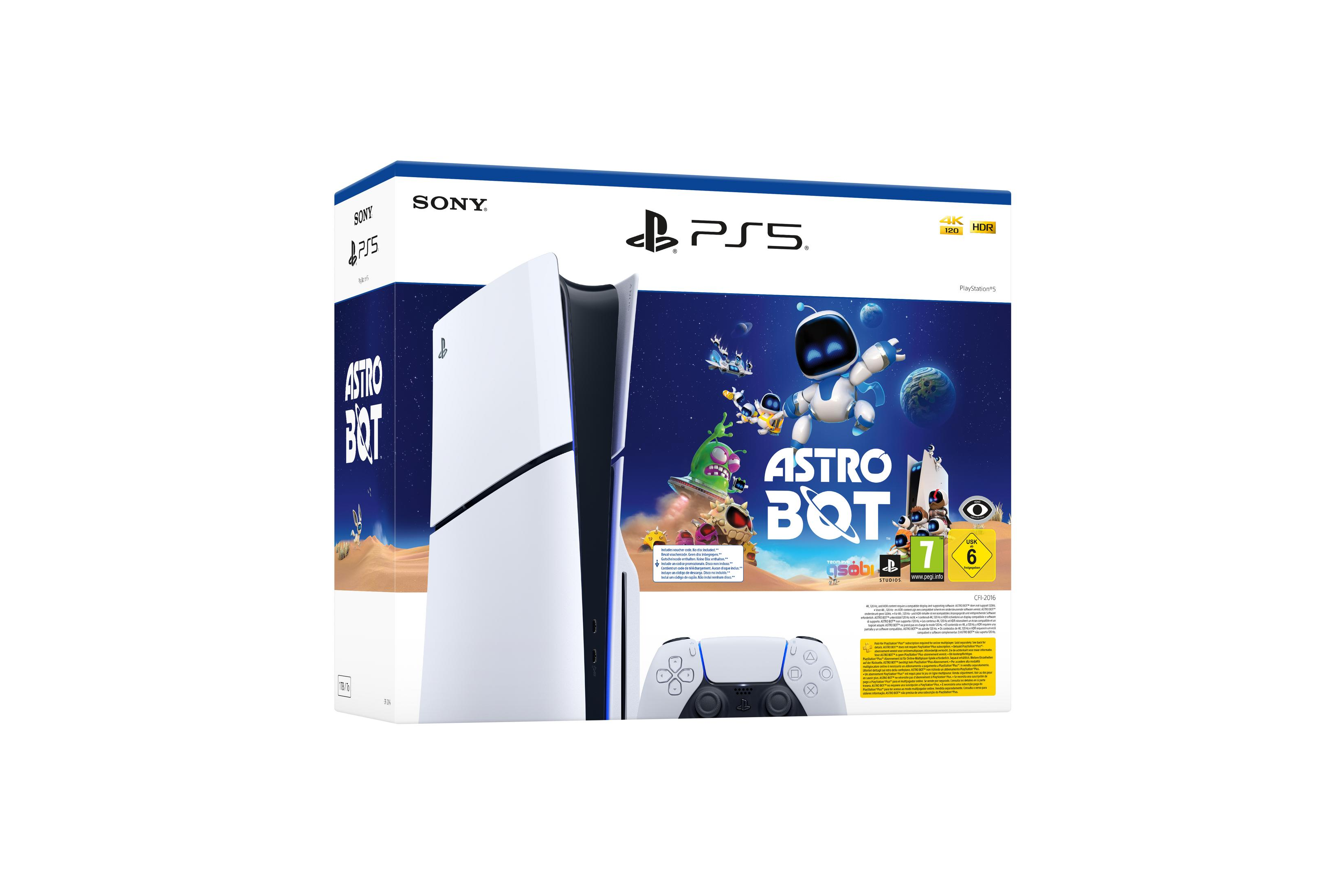 Weiße PlayStation 5 Konsole mit der Box des Astro Bot Spiels. Controller sichtbar. Weißer Hintergrund.
