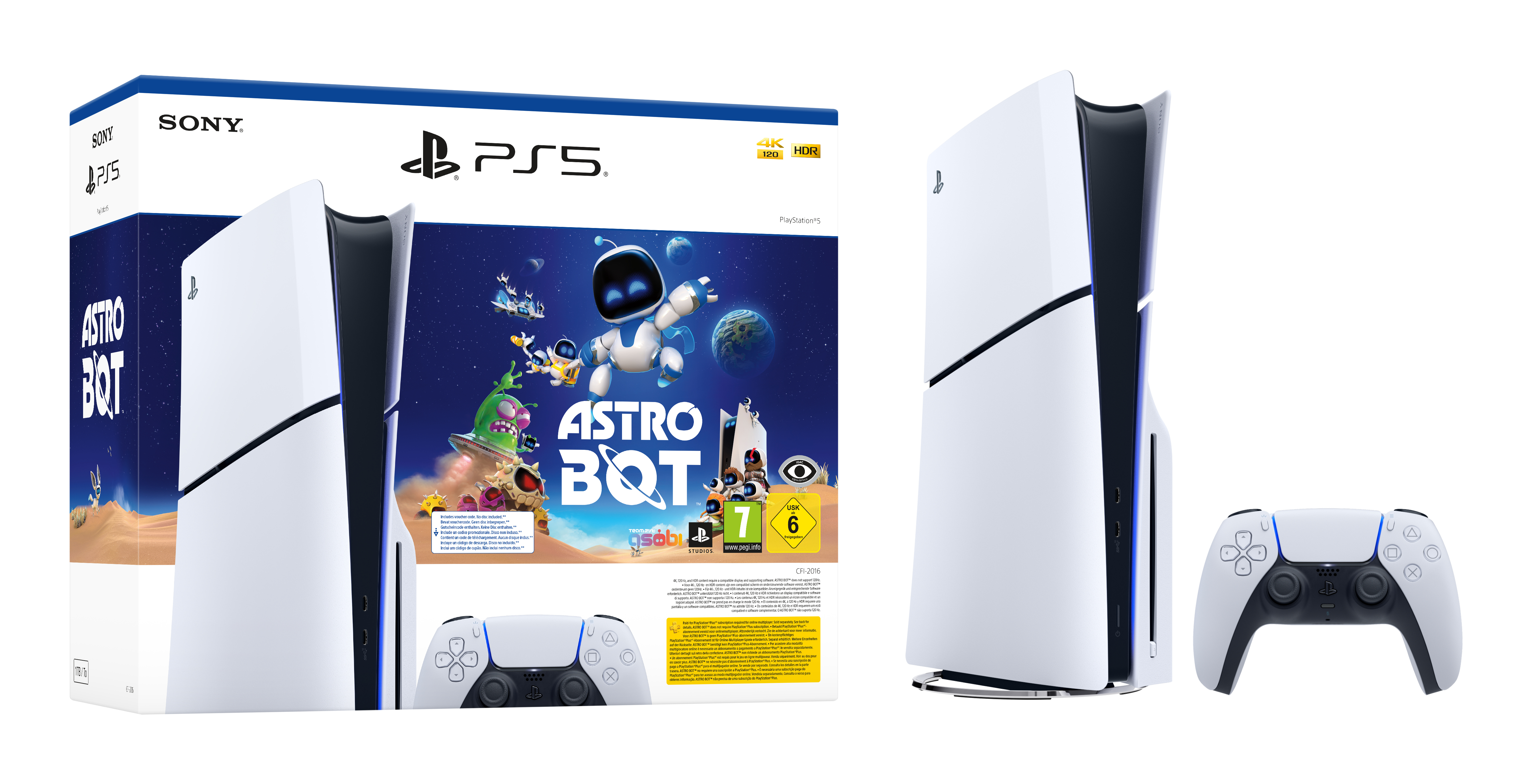 Zwei Bilder einer weißen PlayStation 5 Konsole, mit Controller und der Spielbox von Astro Bot.
