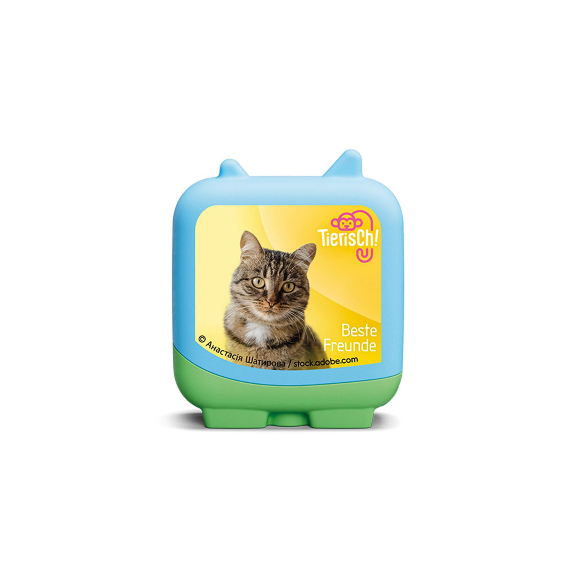 Niebiesko-zielony pojemnik ze zdjęciem kota. Tekst brzmi „Beste Freunde”.