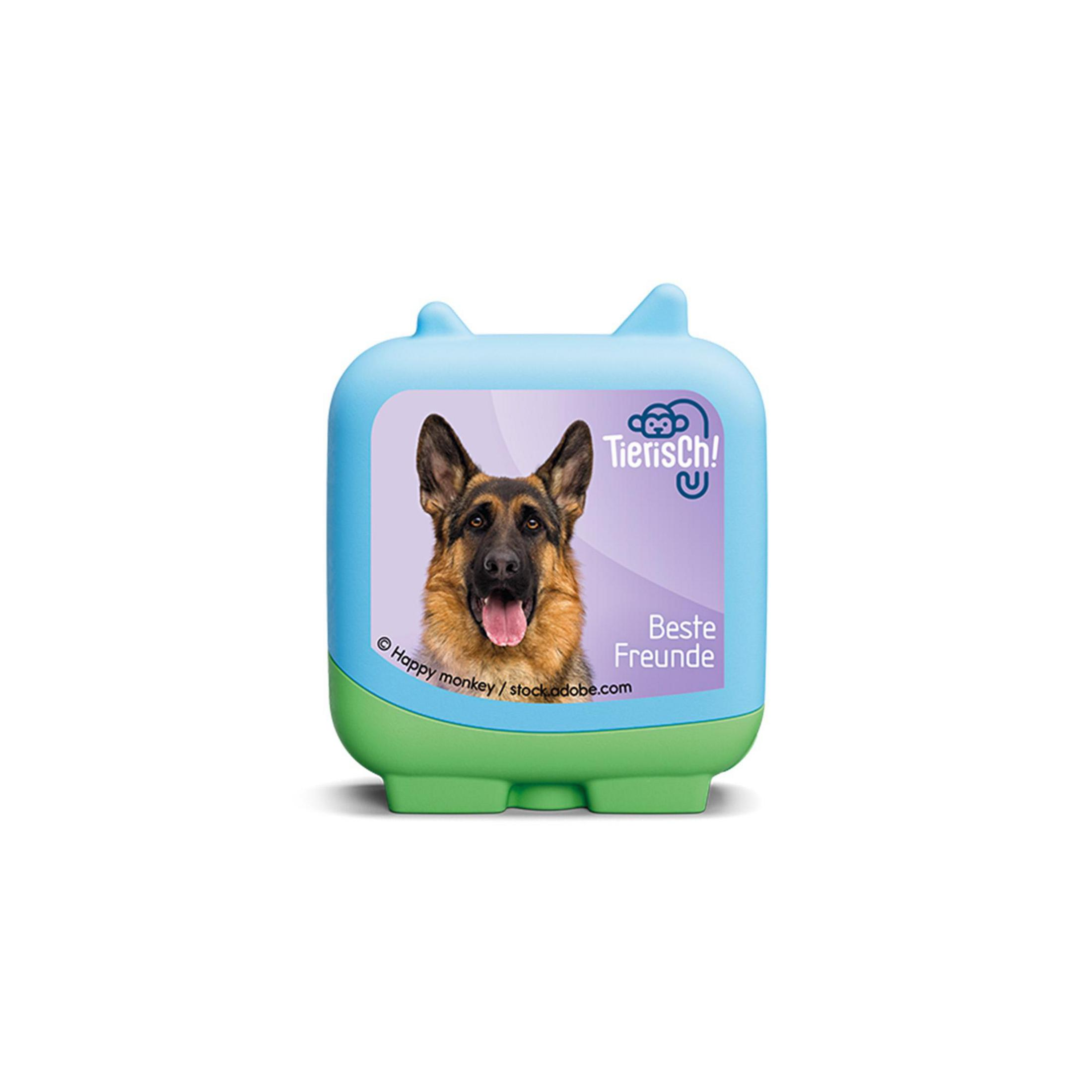 Niebiesko-zielony pojemnik ze zdjęciem owczarka niemieckiego. Tekst brzmi „Beste Freunde”.