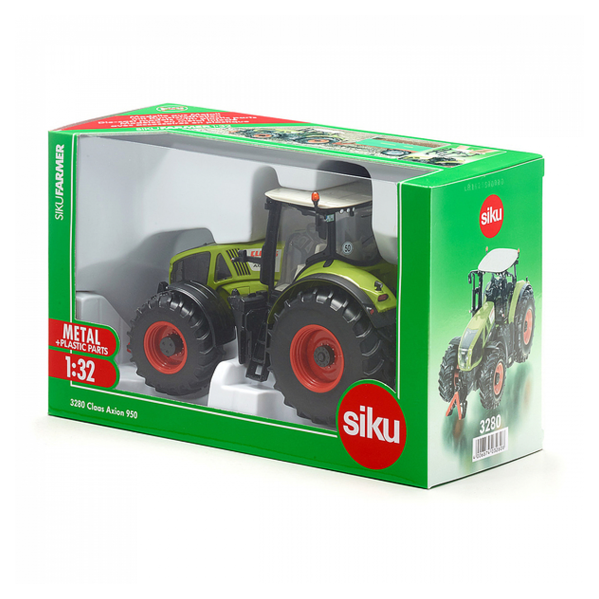Zabawkowy traktor w pudełku. Traktor jest zielony i czarny z czerwonymi kołami.