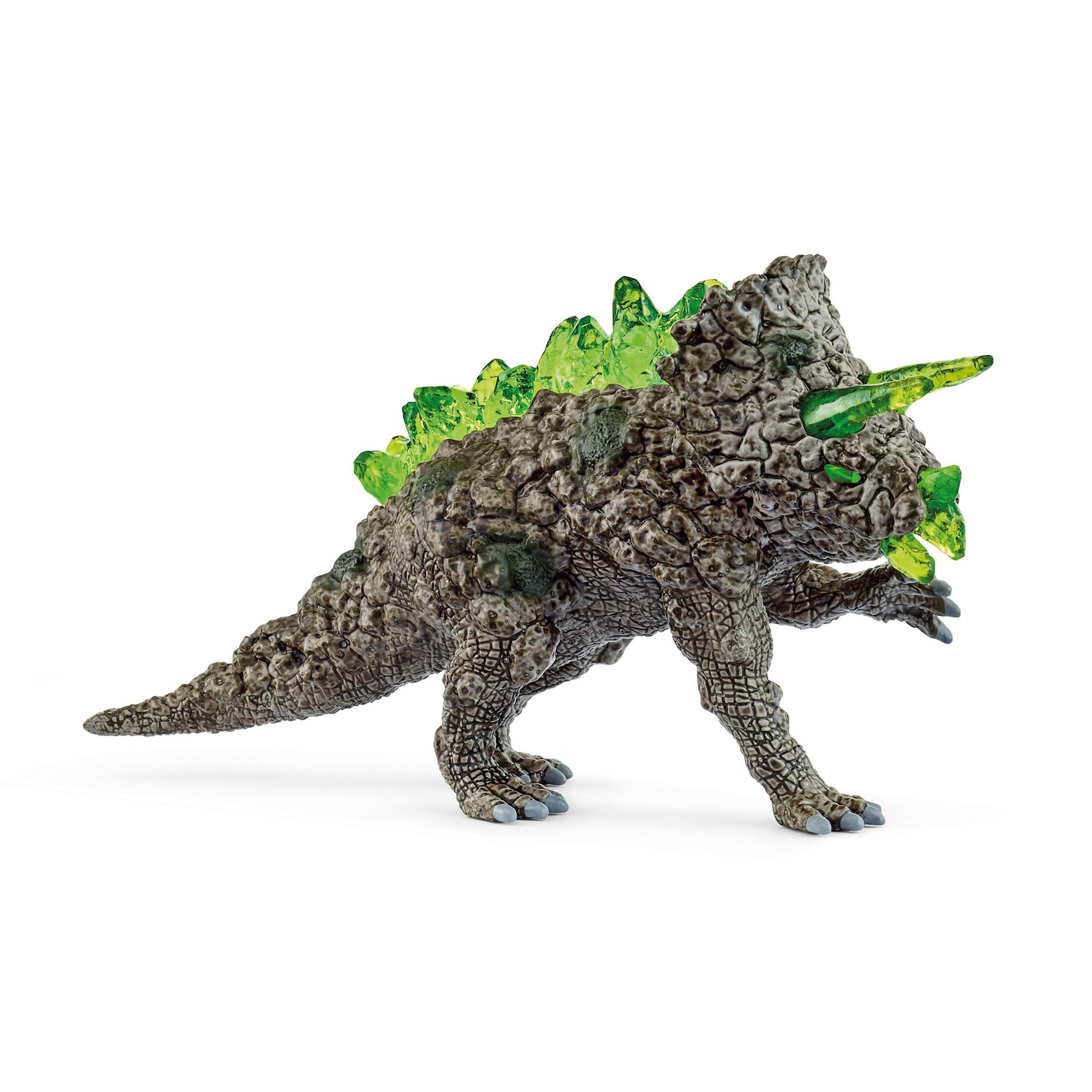Giocattolo di dinosauro grigio con punte verdi sulla testa e sulla schiena, sfondo bianco.