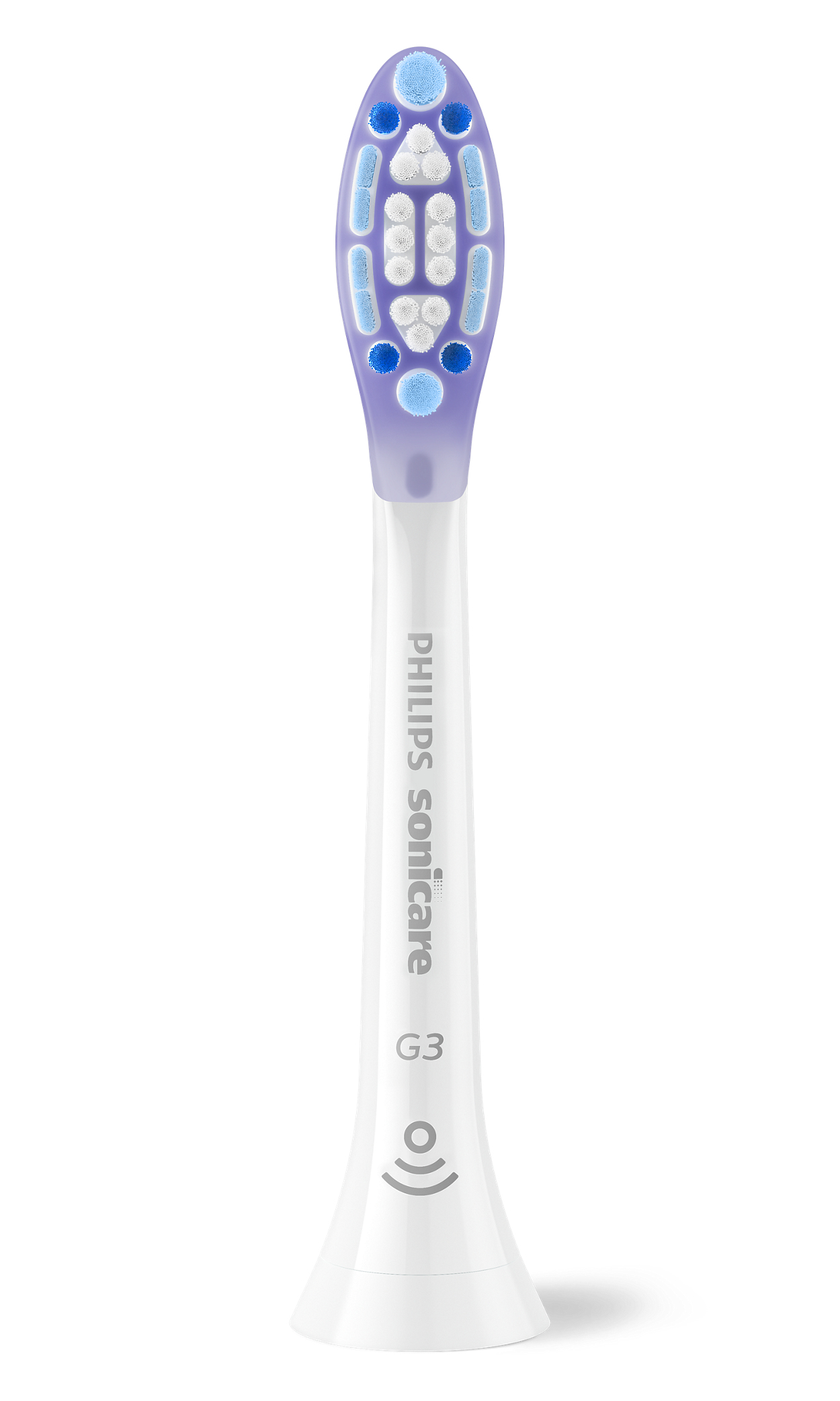 Philips Sonicare G3 toothbrush head. Close up, blue and white bristles.