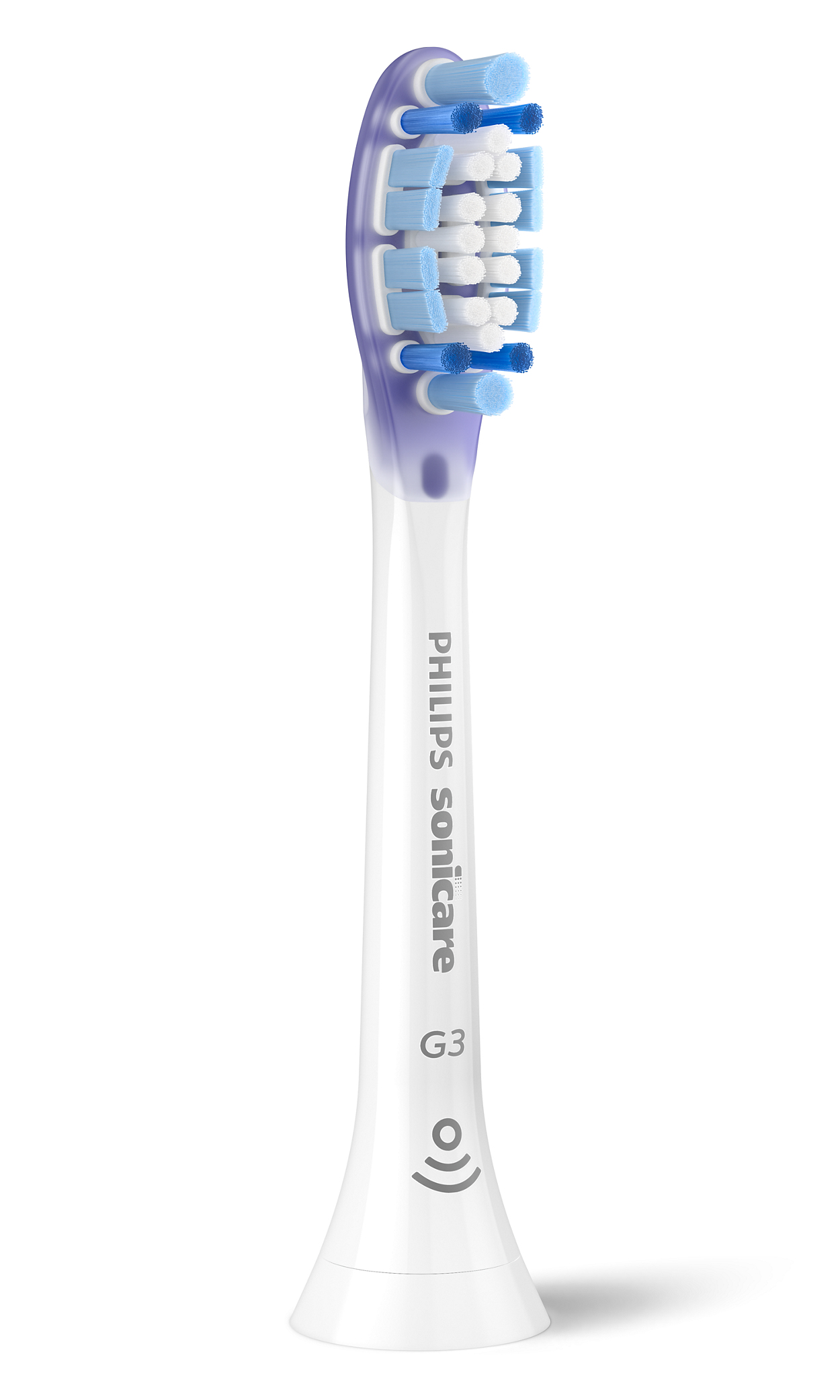 Single Philips Sonicare G3 toothbrush head. White handle, blue and white bristles.