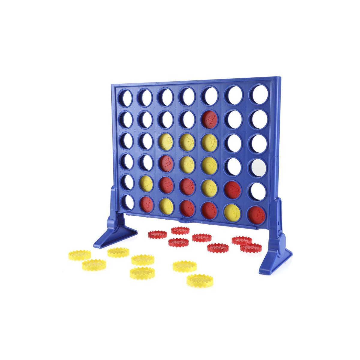 Niebieska gra Connect 4. Czerwone i żółte krążki. Plansza pionowo, krążki na dole.
