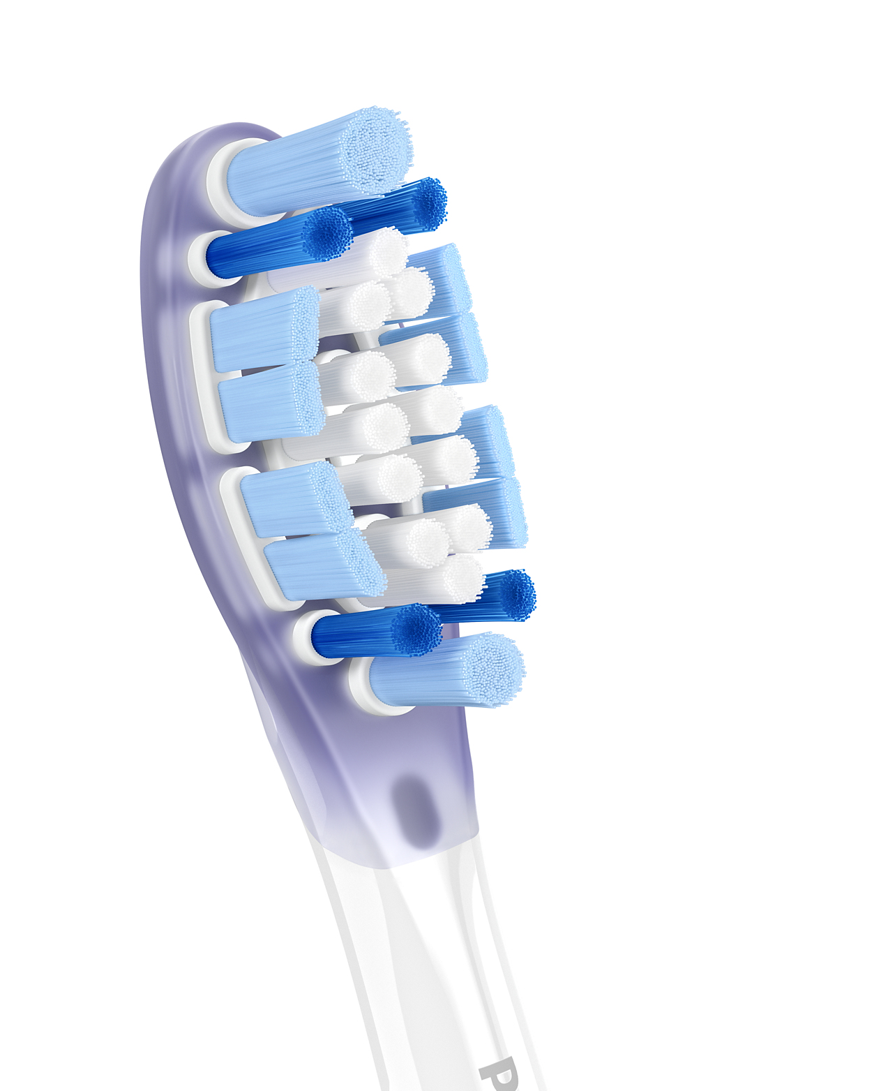 Close-up of a toothbrush head. Blue, white, and blue bristles.