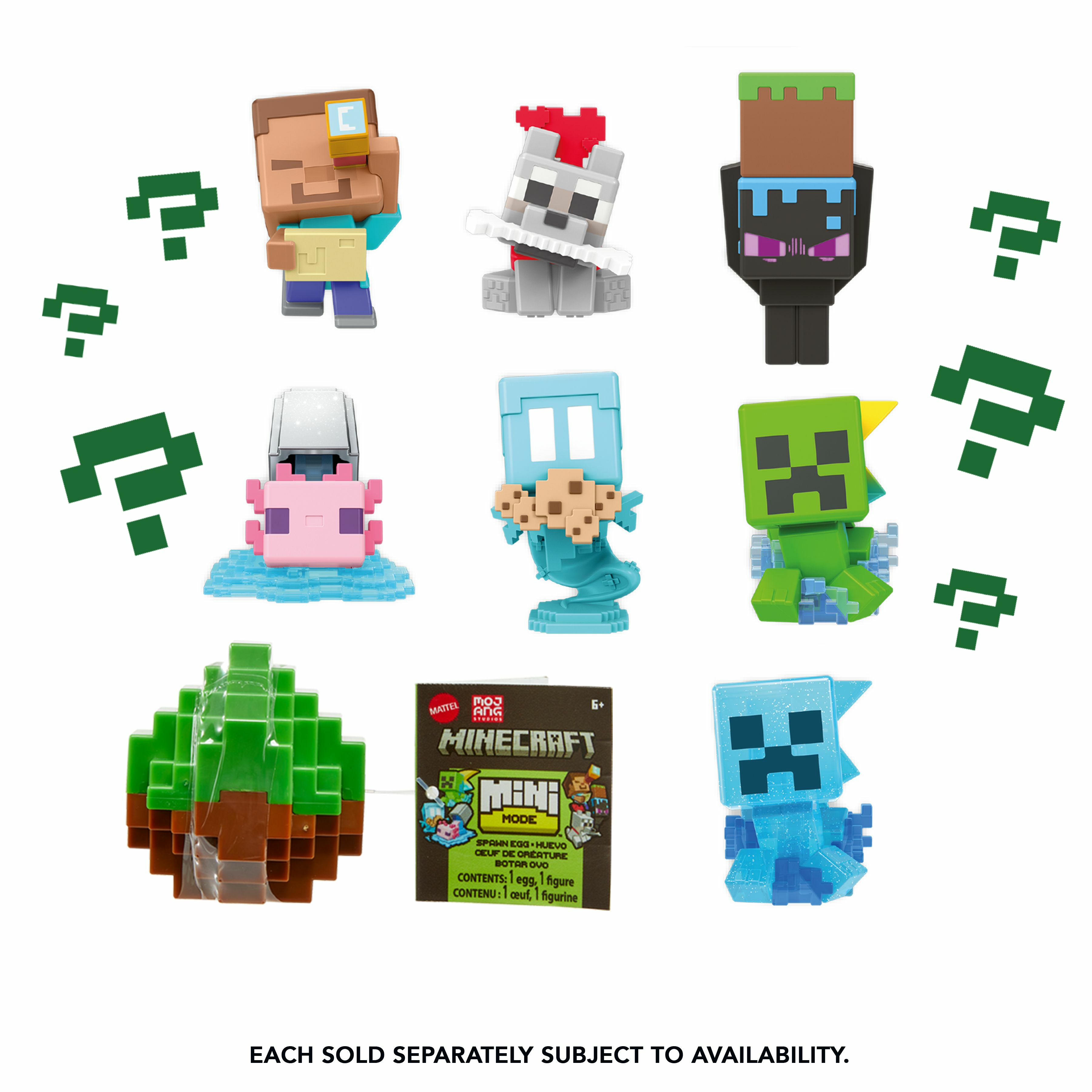 Dziewięć mini-figurek Minecraft. Tajemnicze pudełko i znaki zapytania otaczają figurki.