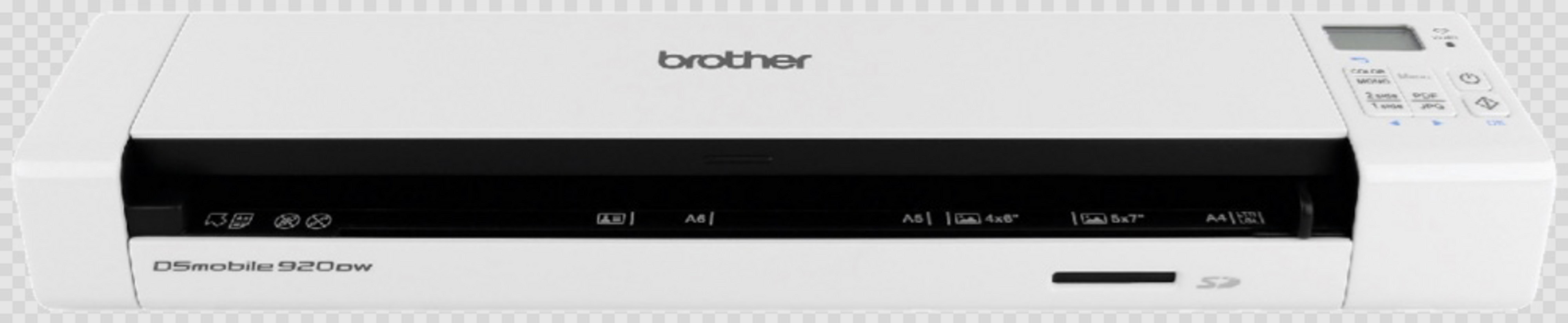 Scanner Brother DS mobile 920dw bianco. Parte inferiore nera. Logo Brother in alto.
