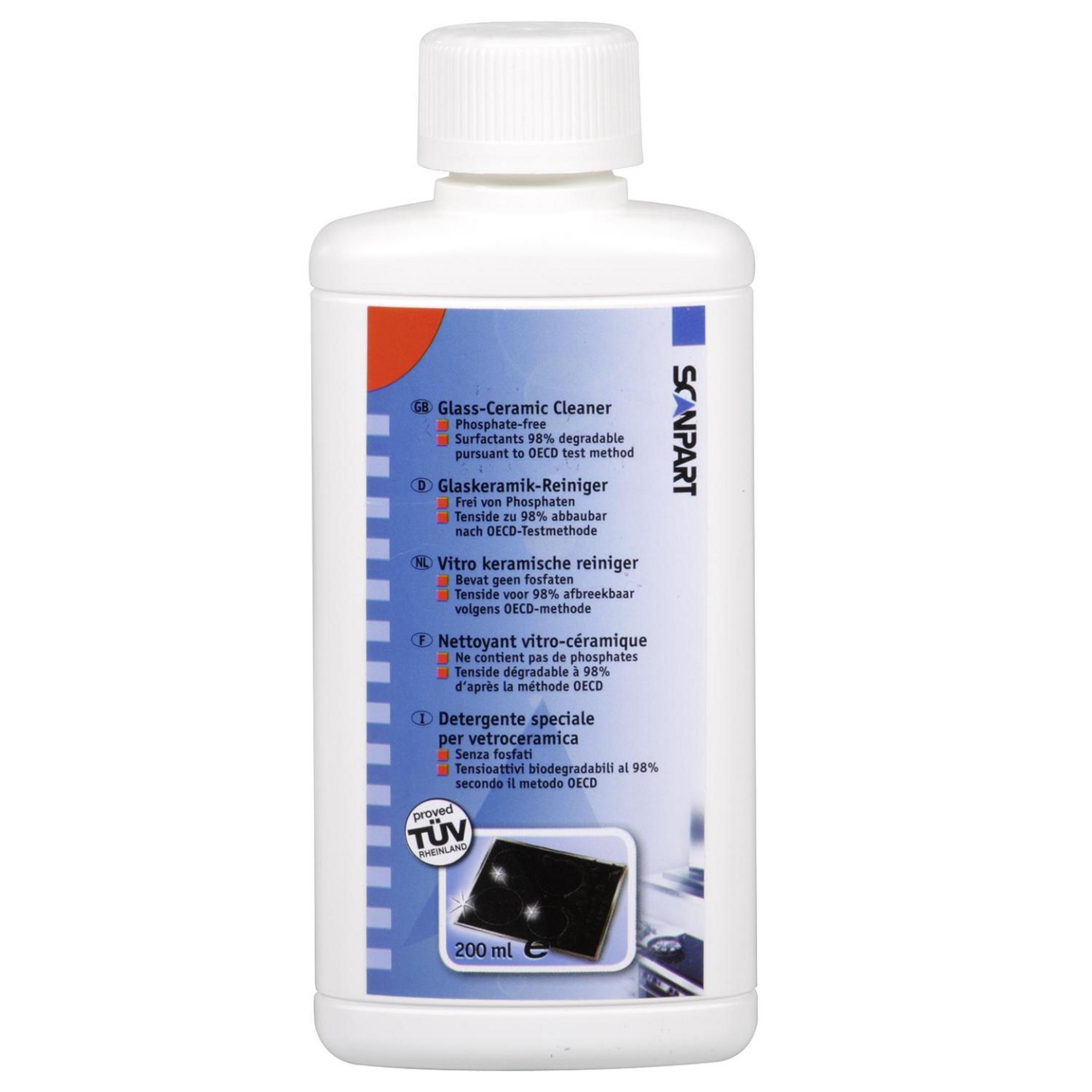 Eine weiße Flasche Glas-Keramik-Reiniger mit mehrsprachigem Text und einem TÜV SÜD Logo.