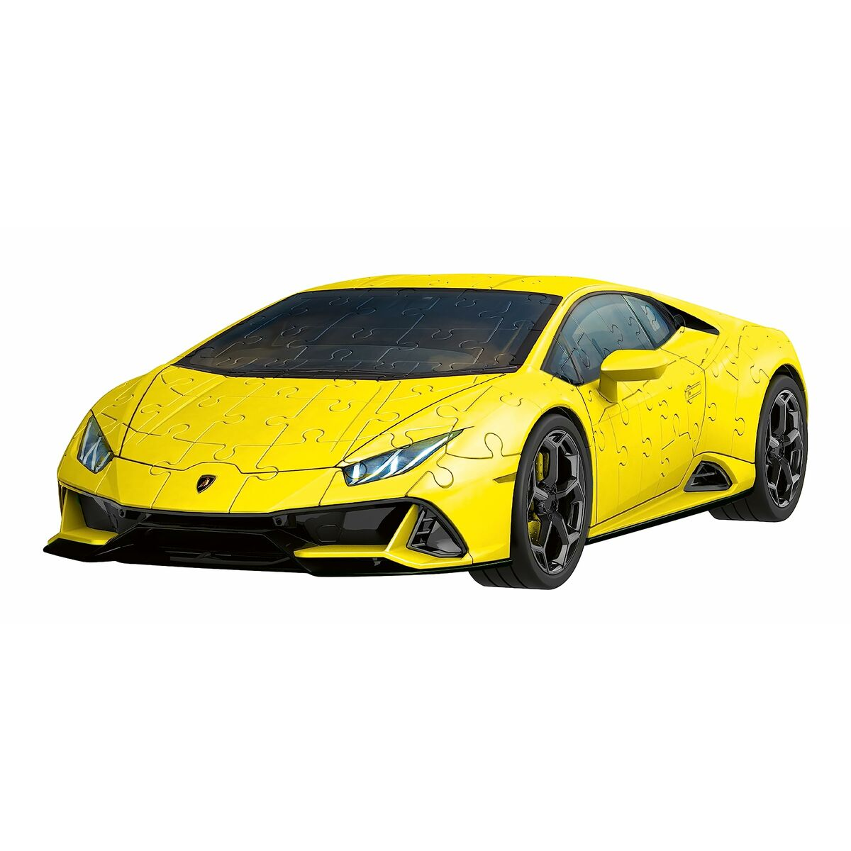 Ein gelbes Lamborghini Huracán Puzzlespiel mit schwarzen Rädern auf weißem Hintergrund.