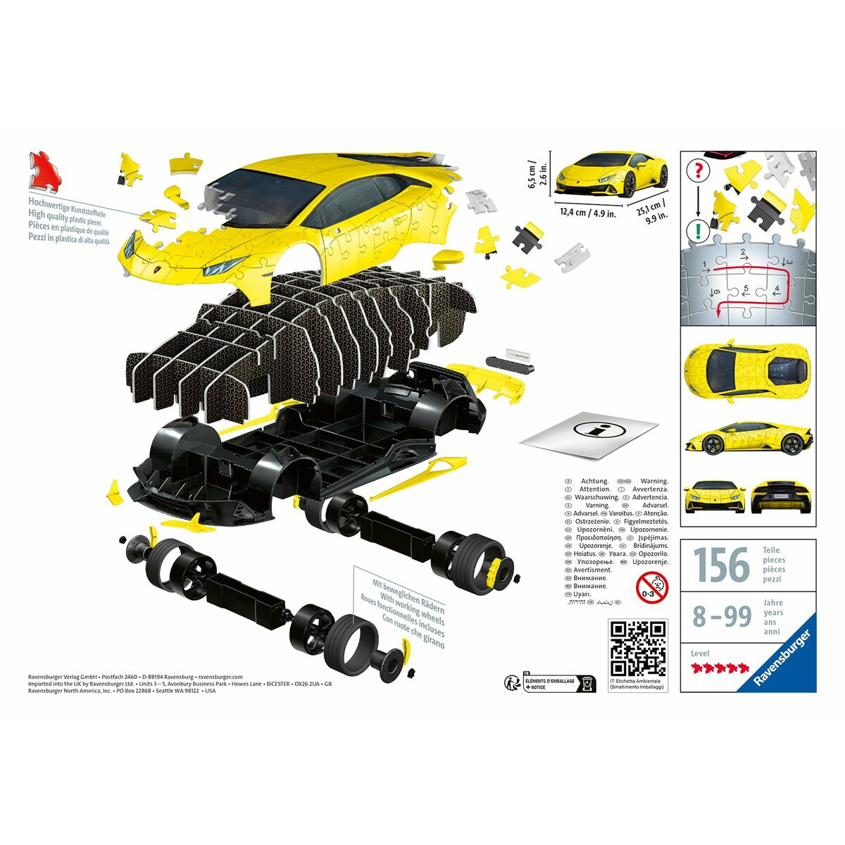 Ein zerlegtes gelbes Sportwagen-Puzzle mit verschiedenen Teilen und Anweisungen.